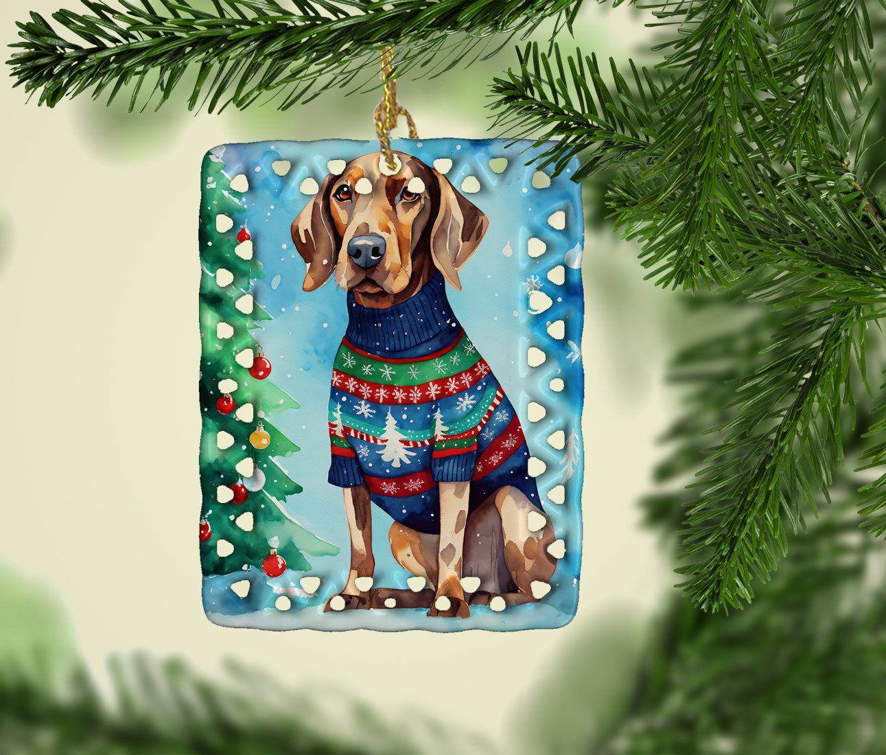 Coonhound Christmas Porcelain Ornament Christmas Tree Hanging Decorations for Home Christmas Holiday, Rectangle, Gift, Multicolor