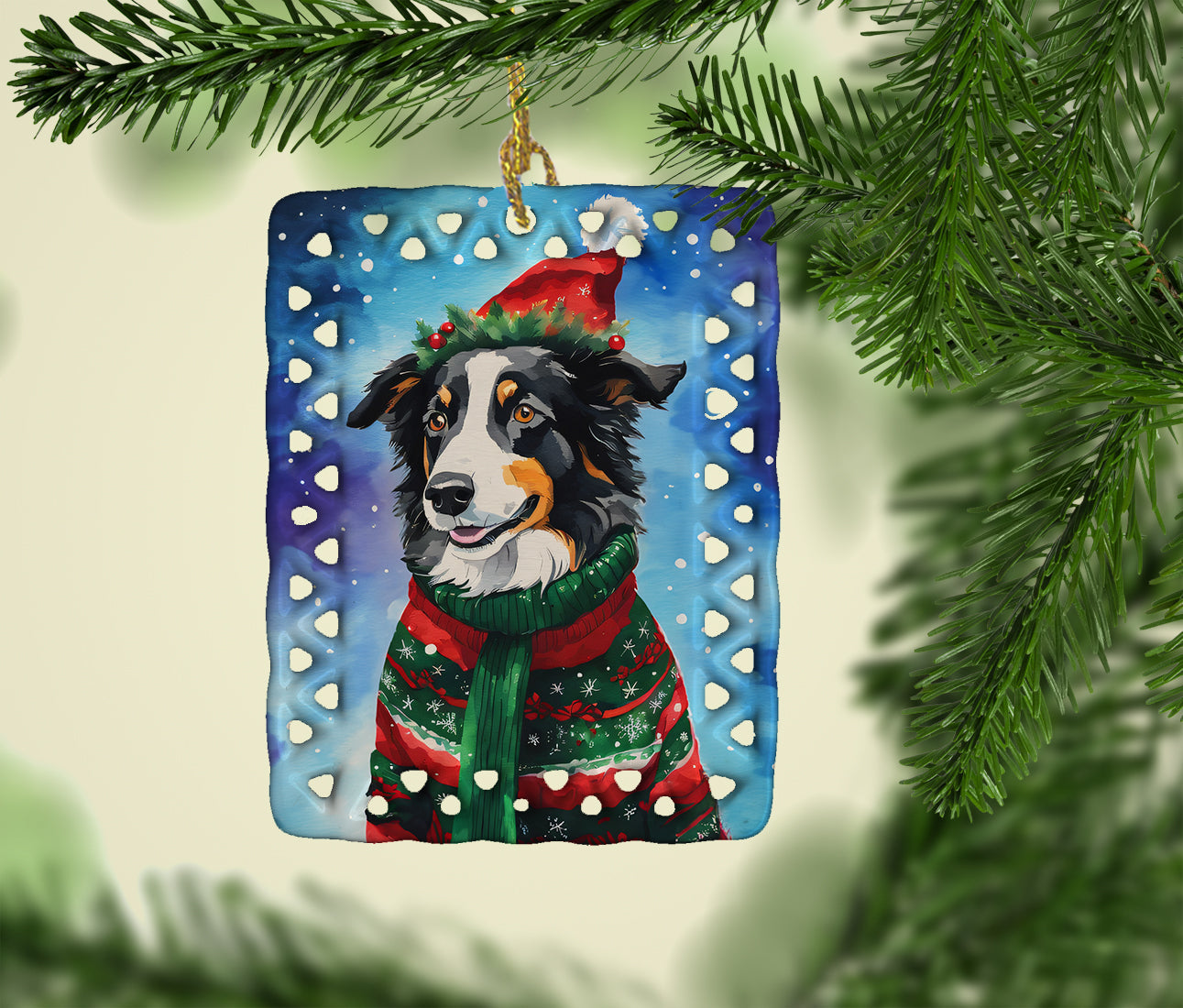 Border Collie Christmas Porcelain Ornament Christmas Tree Hanging Decorations for Home Christmas Holiday, Rectangle, Gift, Multicolor