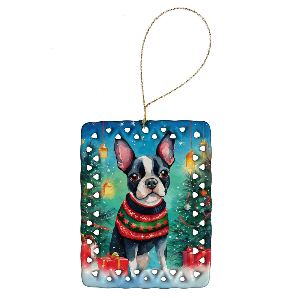 Boston Terrier Christmas Porcelain Ornament Christmas Tree Hanging Decorations for Home Christmas Holiday, Rectangle, Gift, Multicolor