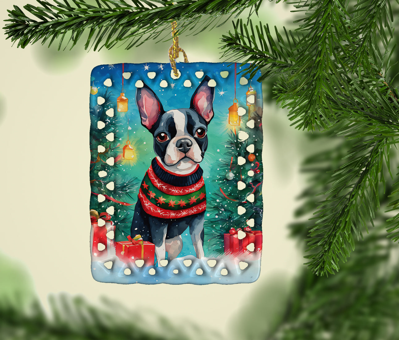 Boston Terrier Christmas Porcelain Ornament Christmas Tree Hanging Decorations for Home Christmas Holiday, Rectangle, Gift, Multicolor