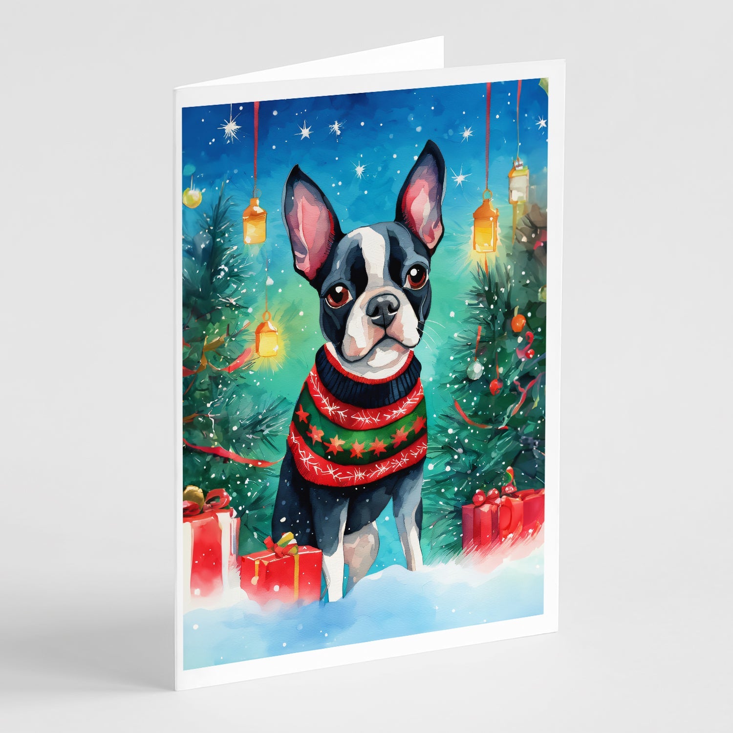 Boston Terrier Christmas Greeting Cards Pack of 8 Blank Cards with Envelopes Whimsical A7 Size 5x7