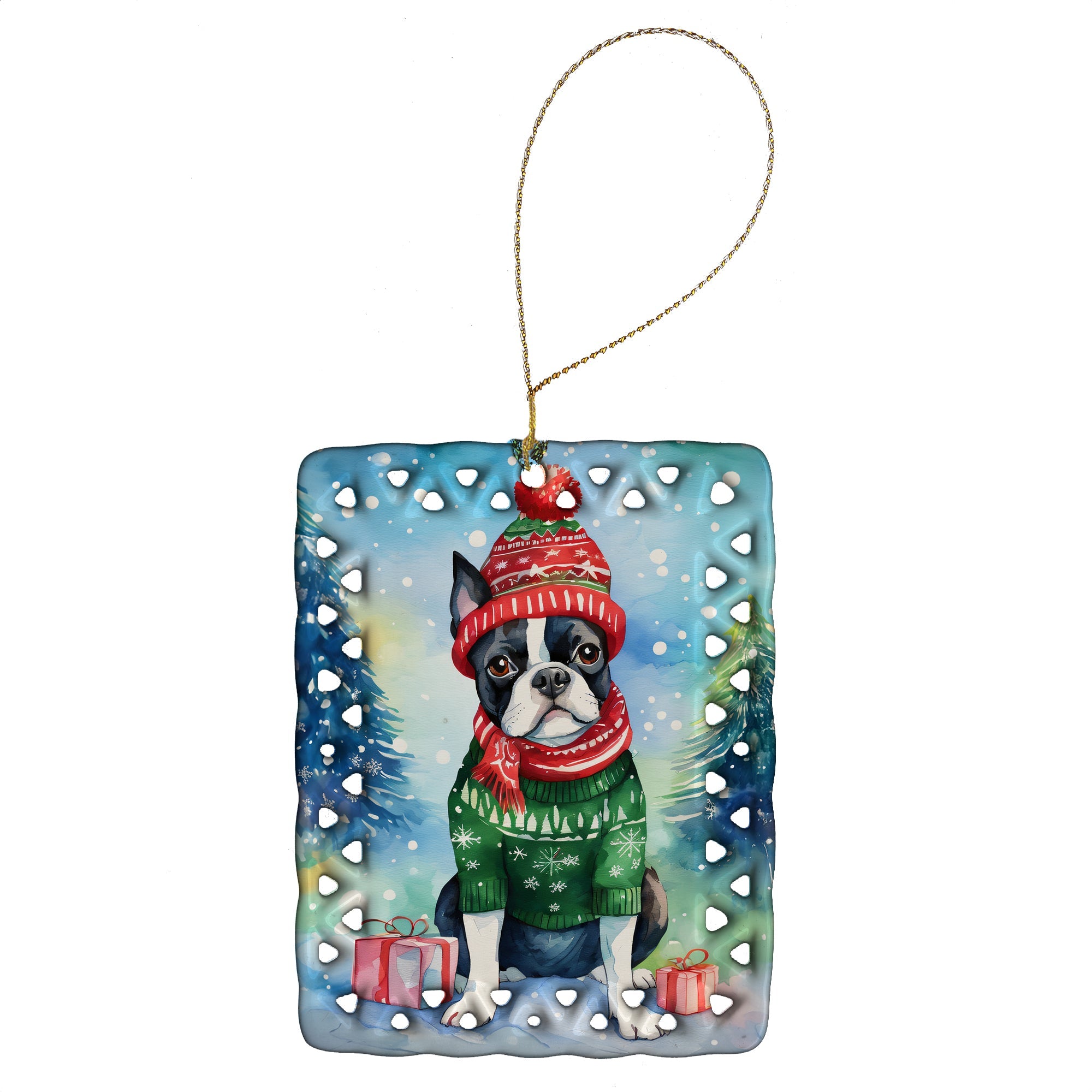 Boston Terrier Christmas Porcelain Ornament Christmas Tree Hanging Decorations for Home Christmas Holiday, Rectangle, Gift, Multicolor