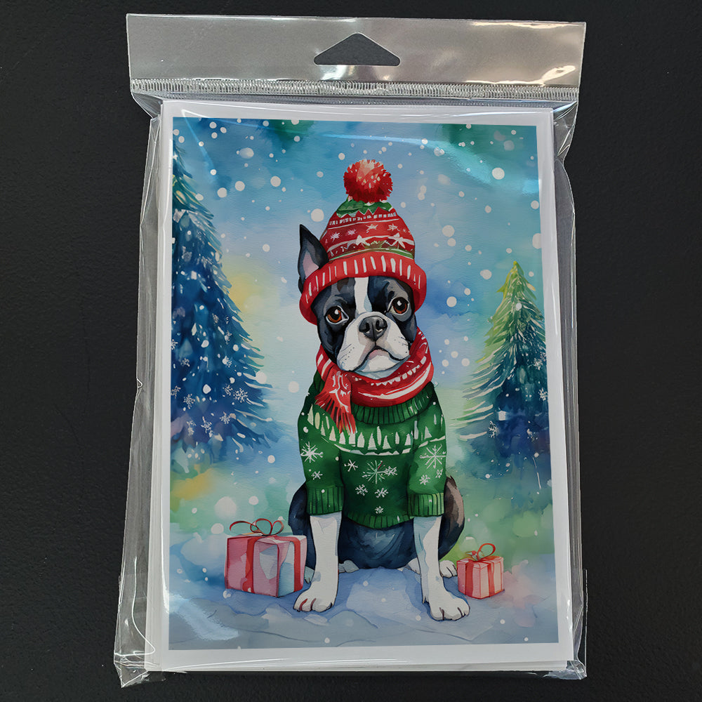 Boston Terrier Christmas Greeting Cards Pack of 8 Blank Cards with Envelopes Whimsical A7 Size 5x7