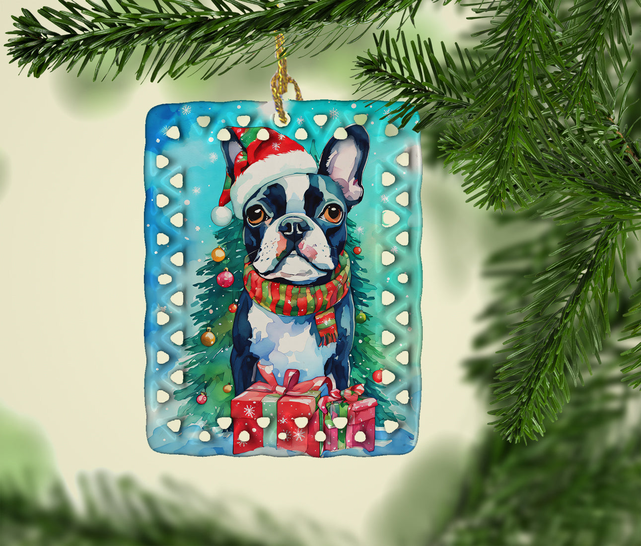 Boston Terrier Christmas Porcelain Ornament Christmas Tree Hanging Decorations for Home Christmas Holiday, Rectangle, Gift, Multicolor