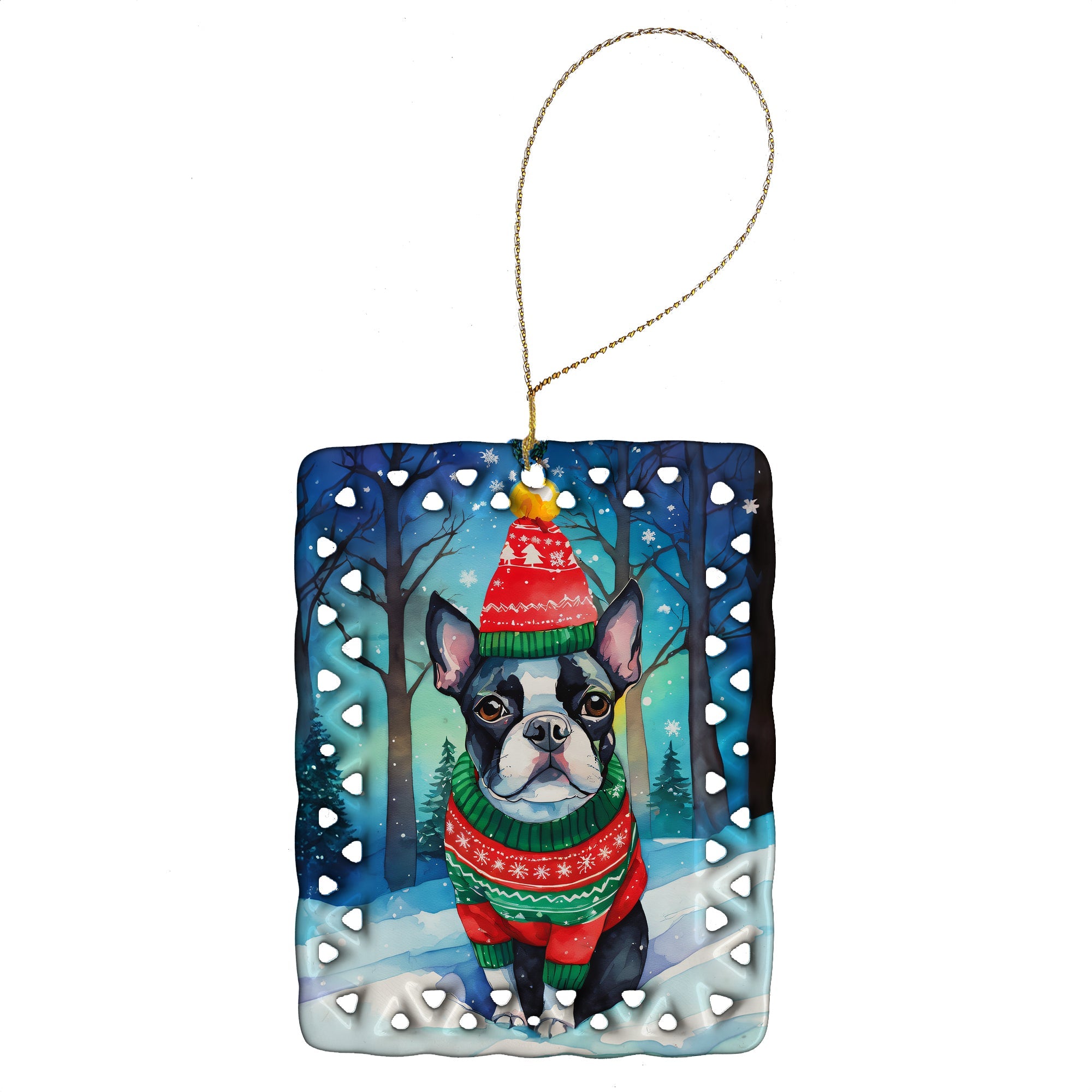 Boston Terrier Christmas Porcelain Ornament Christmas Tree Hanging Decorations for Home Christmas Holiday, Rectangle, Gift, Multicolor