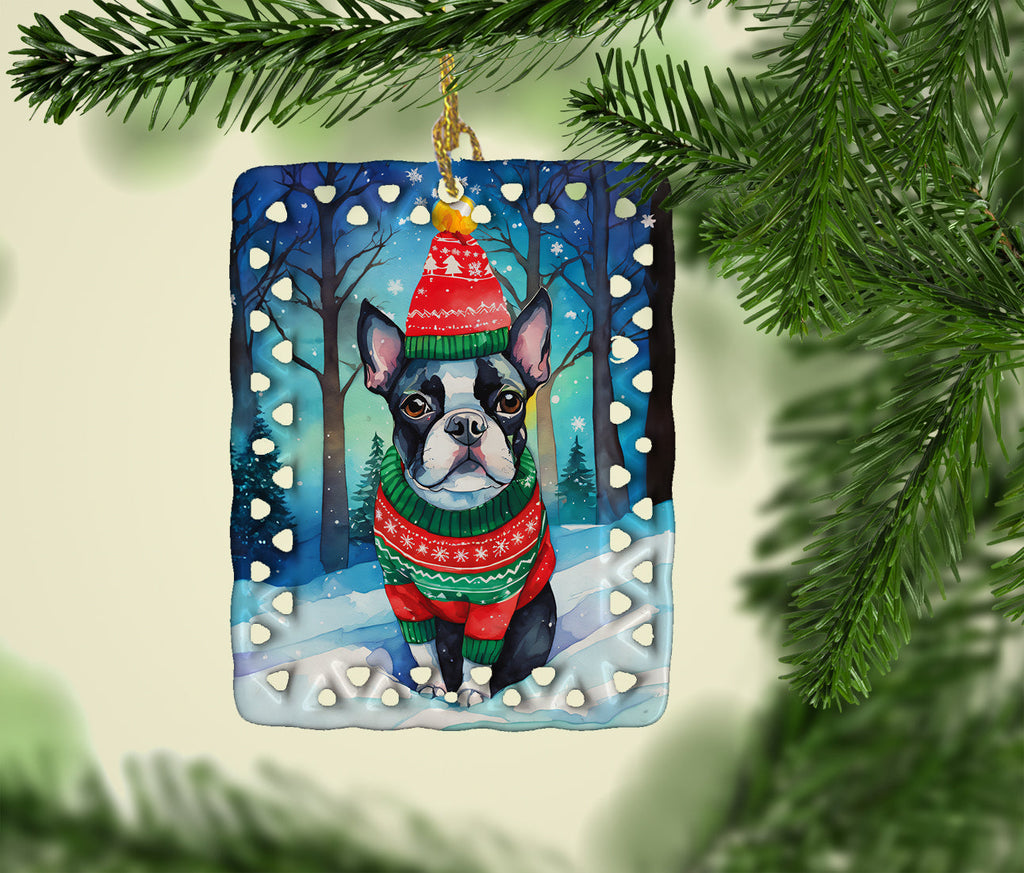 Boston Terrier Christmas Porcelain Ornament Christmas Tree Hanging Decorations for Home Christmas Holiday, Rectangle, Gift, Multicolor