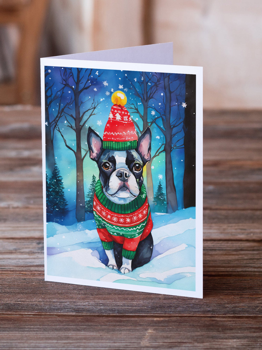 Boston Terrier Christmas Greeting Cards Pack of 8 Blank Cards with Envelopes Whimsical A7 Size 5x7