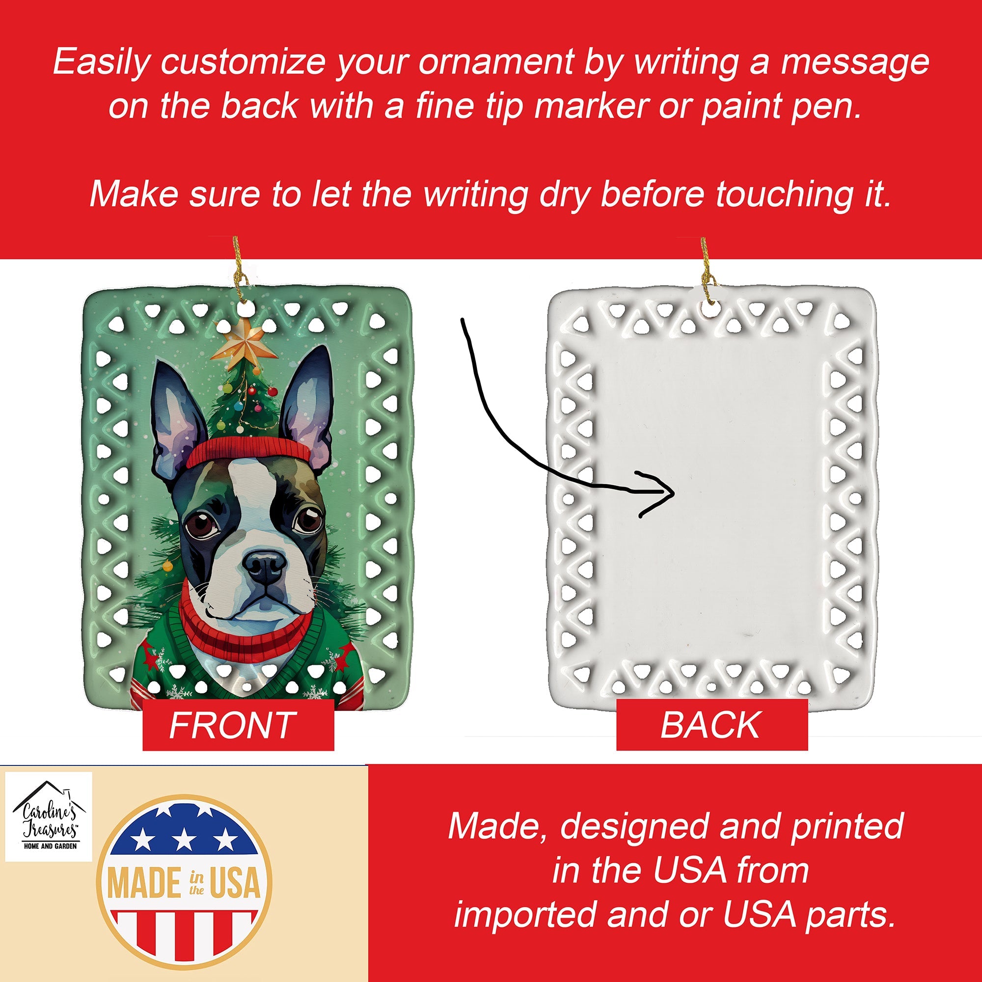Boston Terrier Christmas Porcelain Ornament Christmas Tree Hanging Decorations for Home Christmas Holiday, Rectangle, Gift, Multicolor
