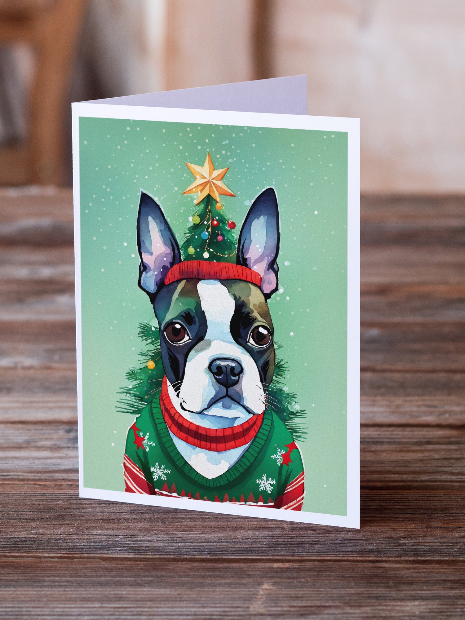 Boston Terrier Christmas Greeting Cards Pack of 8 Blank Cards with Envelopes Whimsical A7 Size 5x7