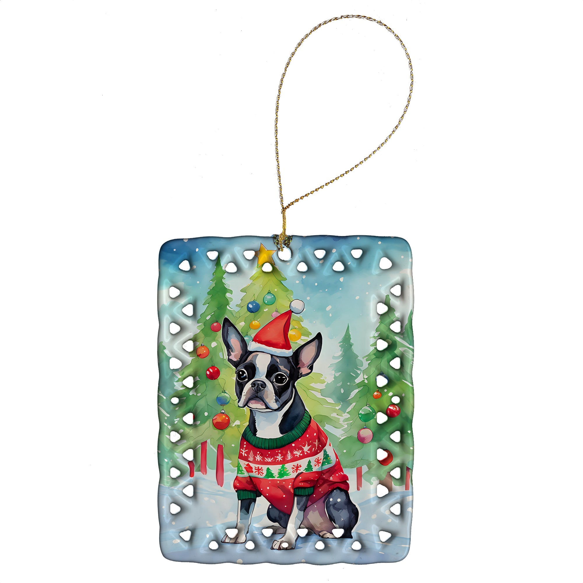 Boston Terrier Christmas Porcelain Ornament Christmas Tree Hanging Decorations for Home Christmas Holiday, Rectangle, Gift, Multicolor