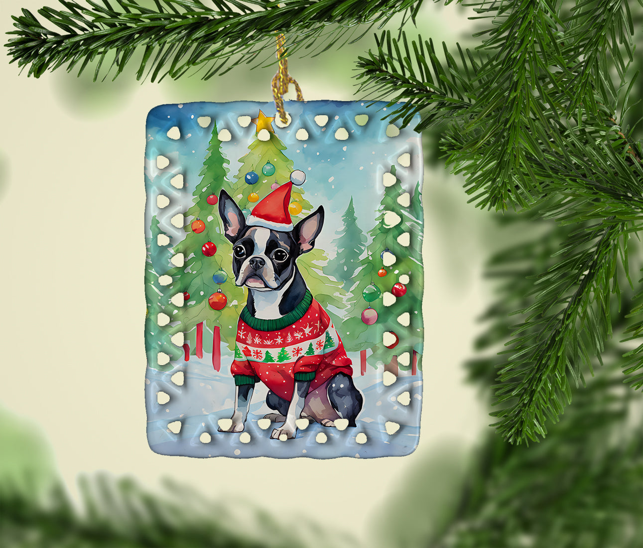 Boston Terrier Christmas Porcelain Ornament Christmas Tree Hanging Decorations for Home Christmas Holiday, Rectangle, Gift, Multicolor