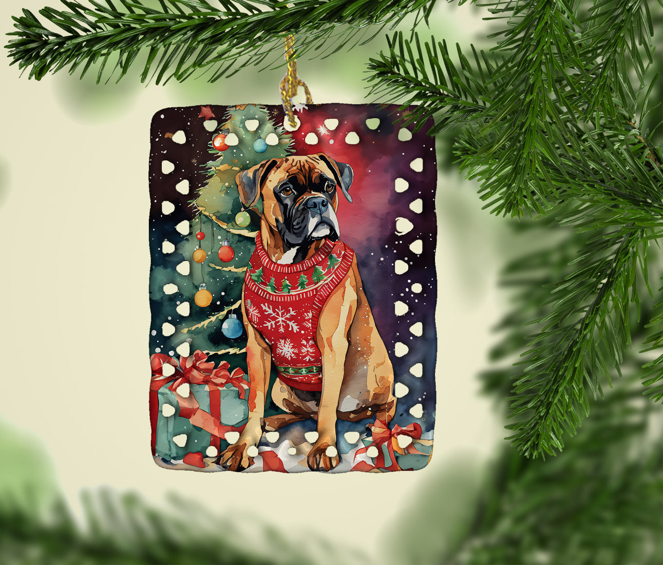 Boxer Christmas Porcelain Ornament Christmas Tree Hanging Decorations for Home Christmas Holiday, Rectangle, Gift, Multicolor