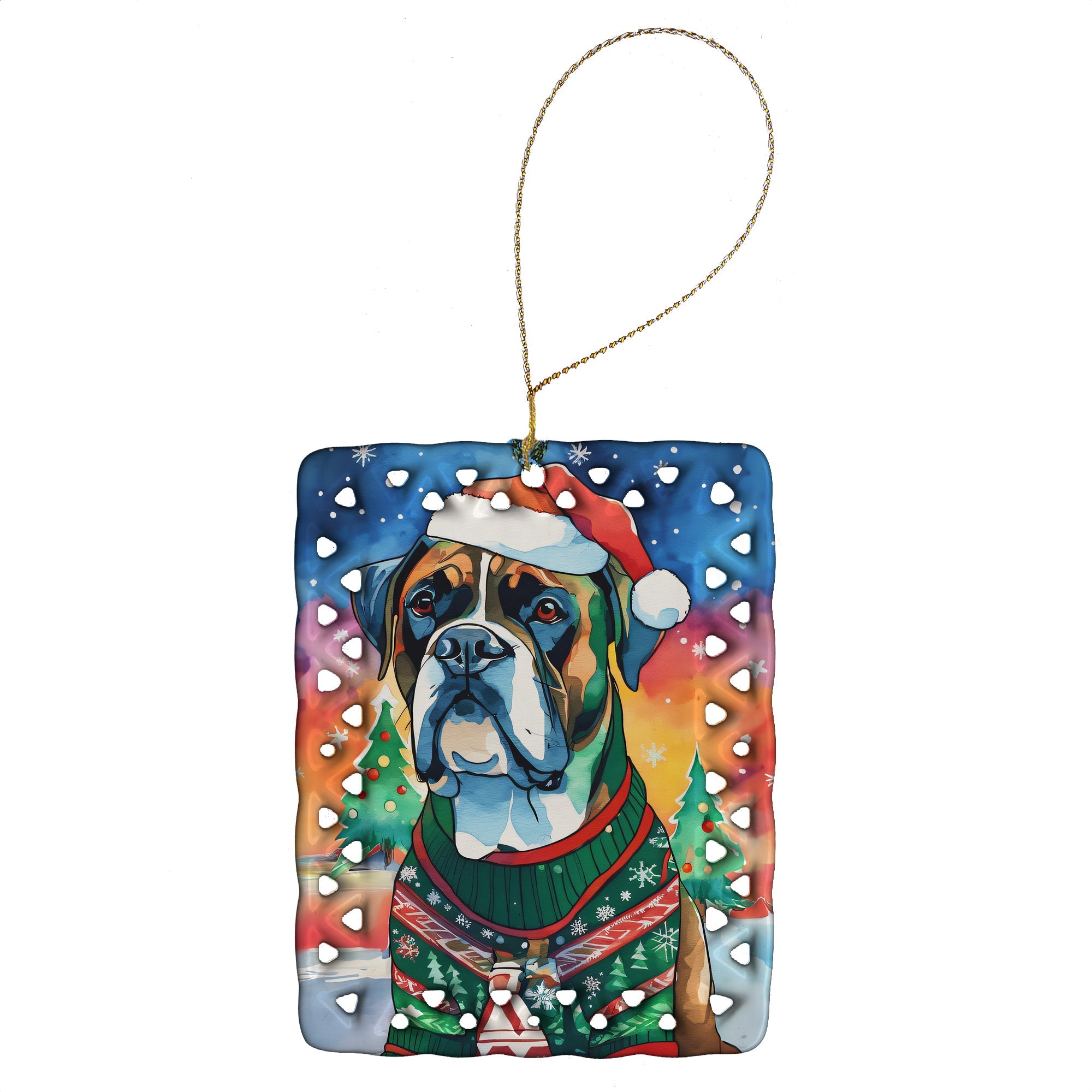 Boxer Christmas Porcelain Ornament Christmas Tree Hanging Decorations for Home Christmas Holiday, Rectangle, Gift, Multicolor