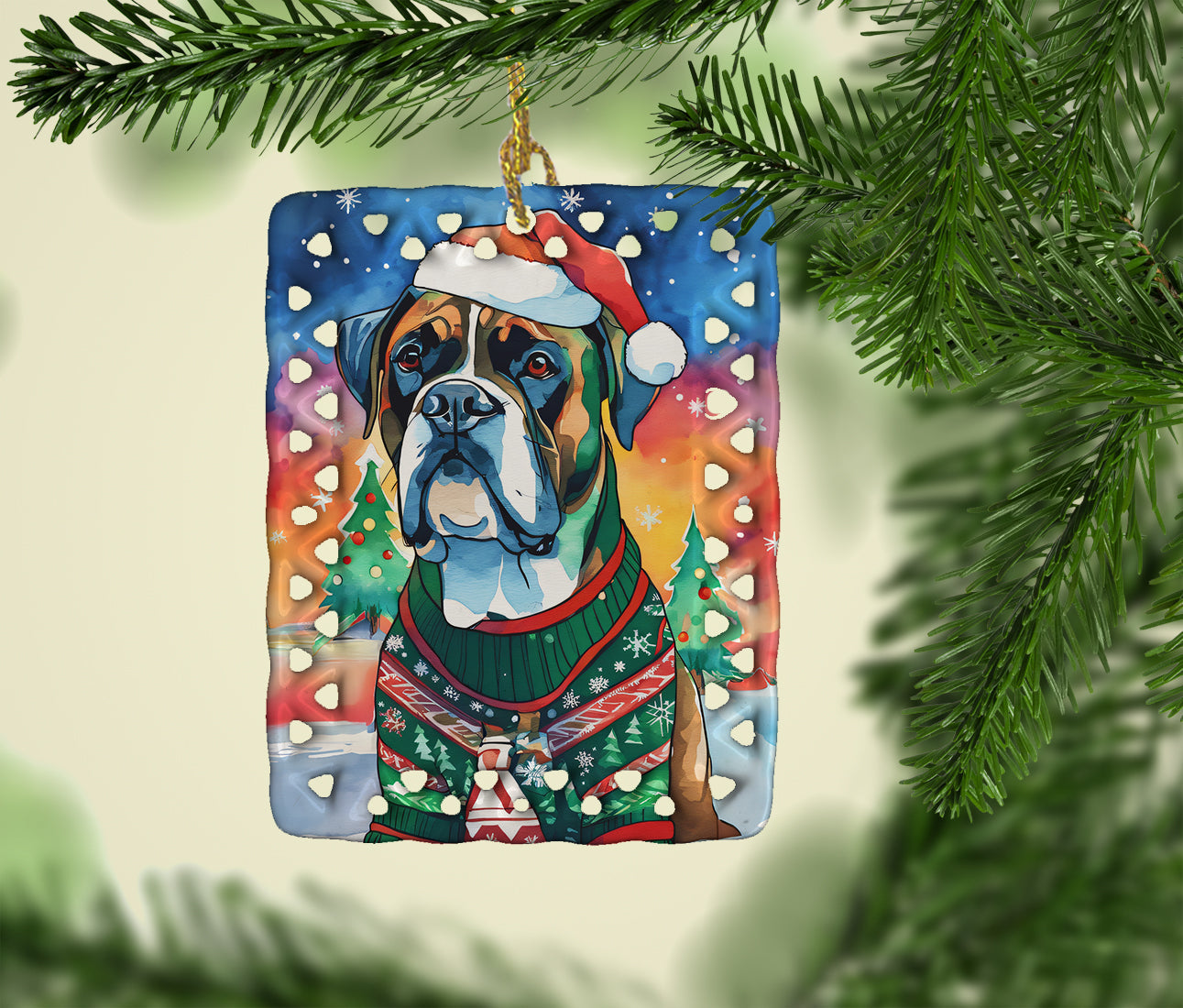 Boxer Christmas Porcelain Ornament Christmas Tree Hanging Decorations for Home Christmas Holiday, Rectangle, Gift, Multicolor