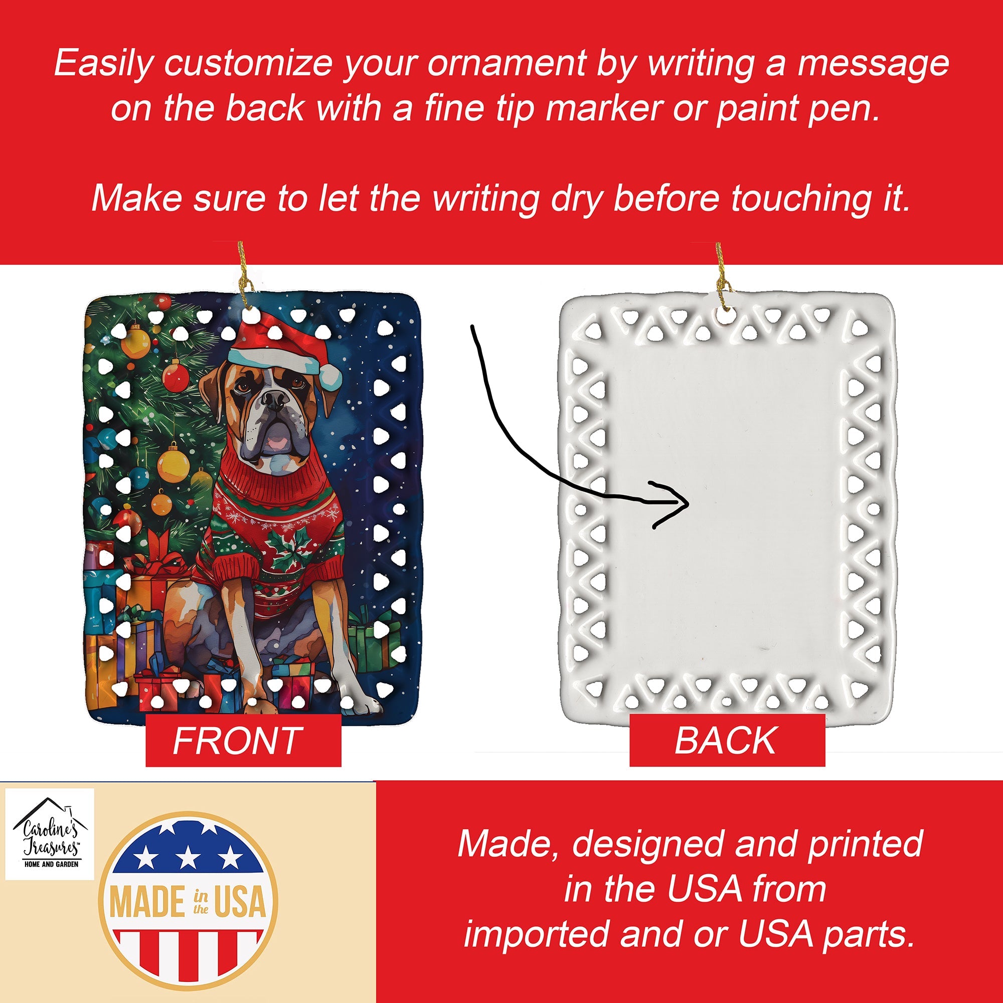 Boxer Christmas Porcelain Ornament Christmas Tree Hanging Decorations for Home Christmas Holiday, Rectangle, Gift, Multicolor