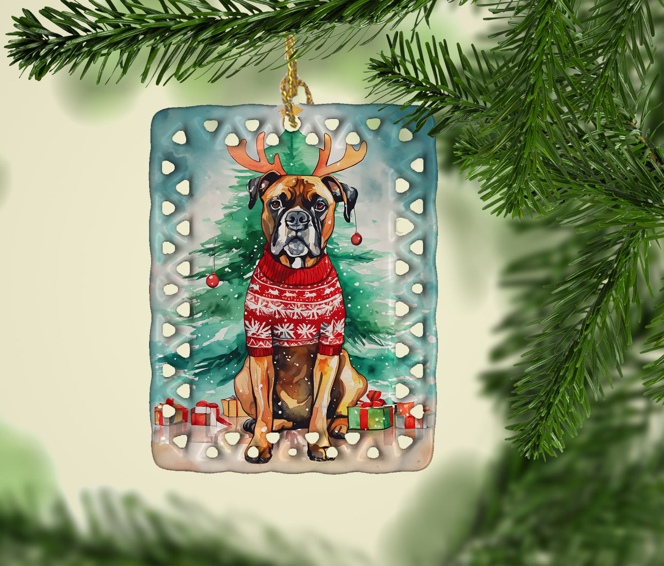 Boxer Christmas Porcelain Ornament Christmas Tree Hanging Decorations for Home Christmas Holiday, Rectangle, Gift, Multicolor