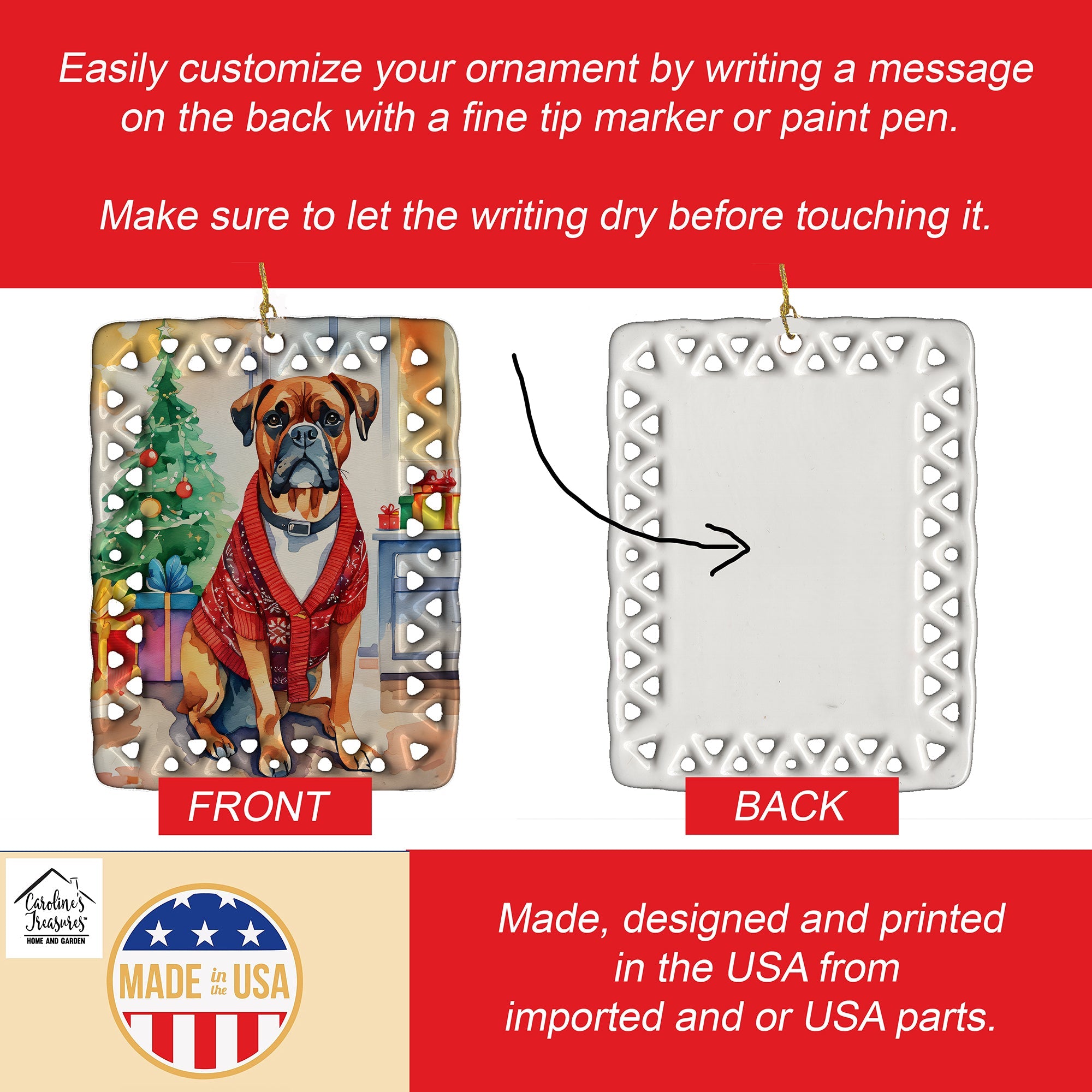 Boxer Christmas Porcelain Ornament Christmas Tree Hanging Decorations for Home Christmas Holiday, Rectangle, Gift, Multicolor
