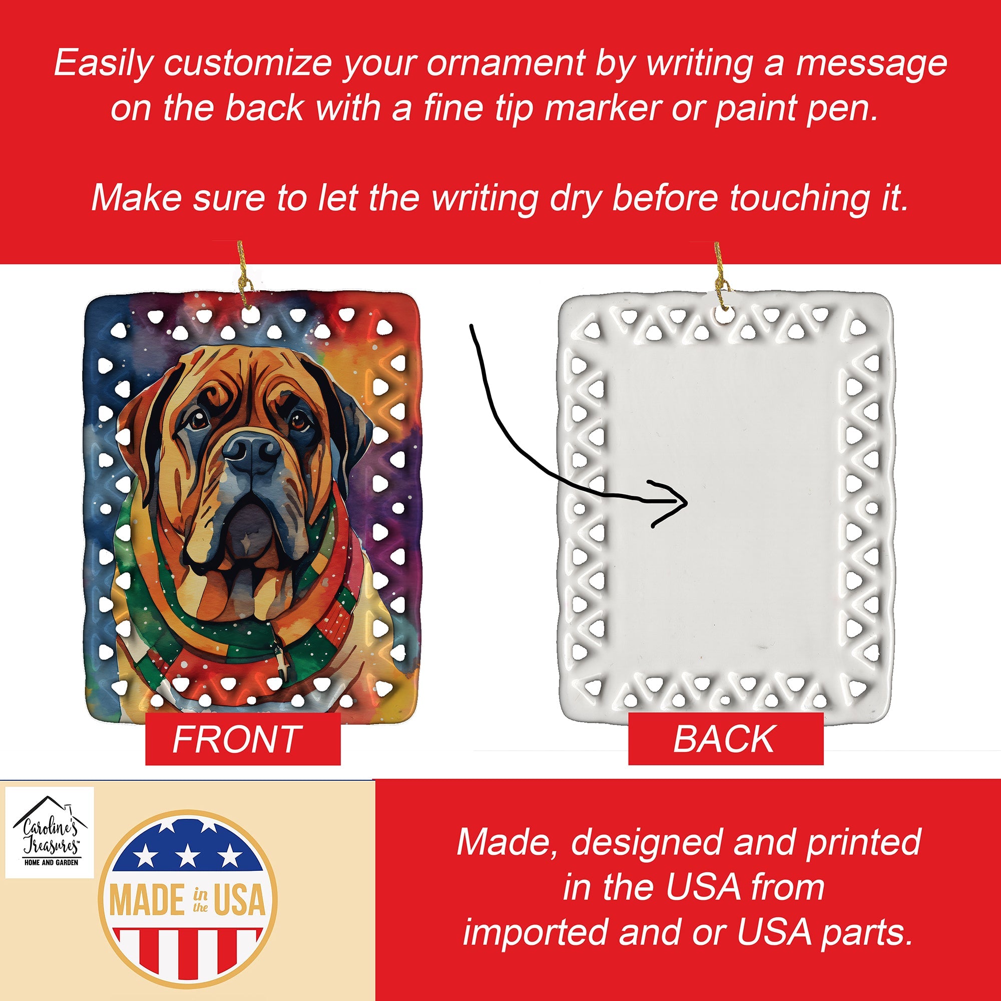 Bullmastiff Christmas Porcelain Ornament Christmas Tree Hanging Decorations for Home Christmas Holiday, Rectangle, Gift, Multicolor