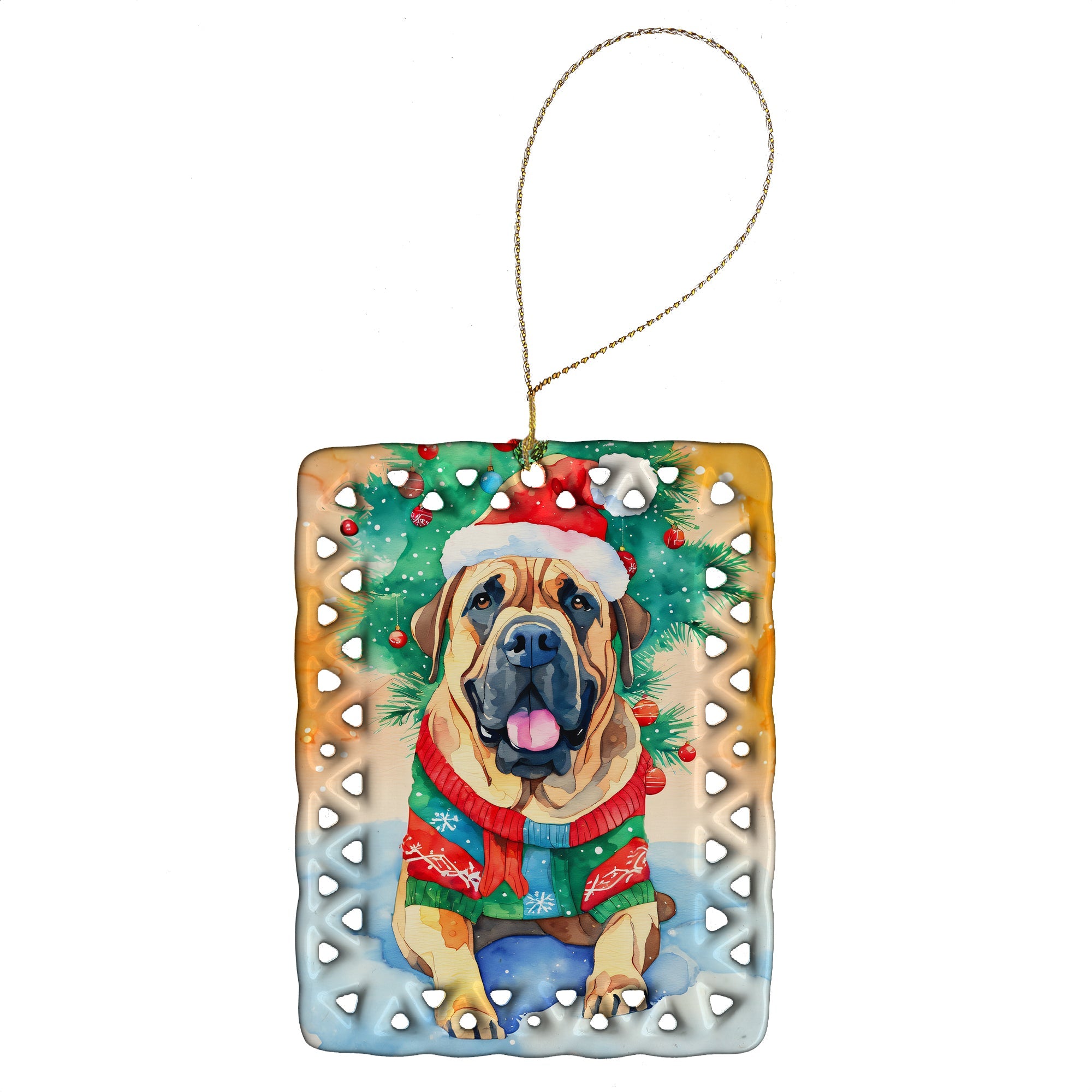 Bullmastiff Christmas Porcelain Ornament Christmas Tree Hanging Decorations for Home Christmas Holiday, Rectangle, Gift, Multicolor
