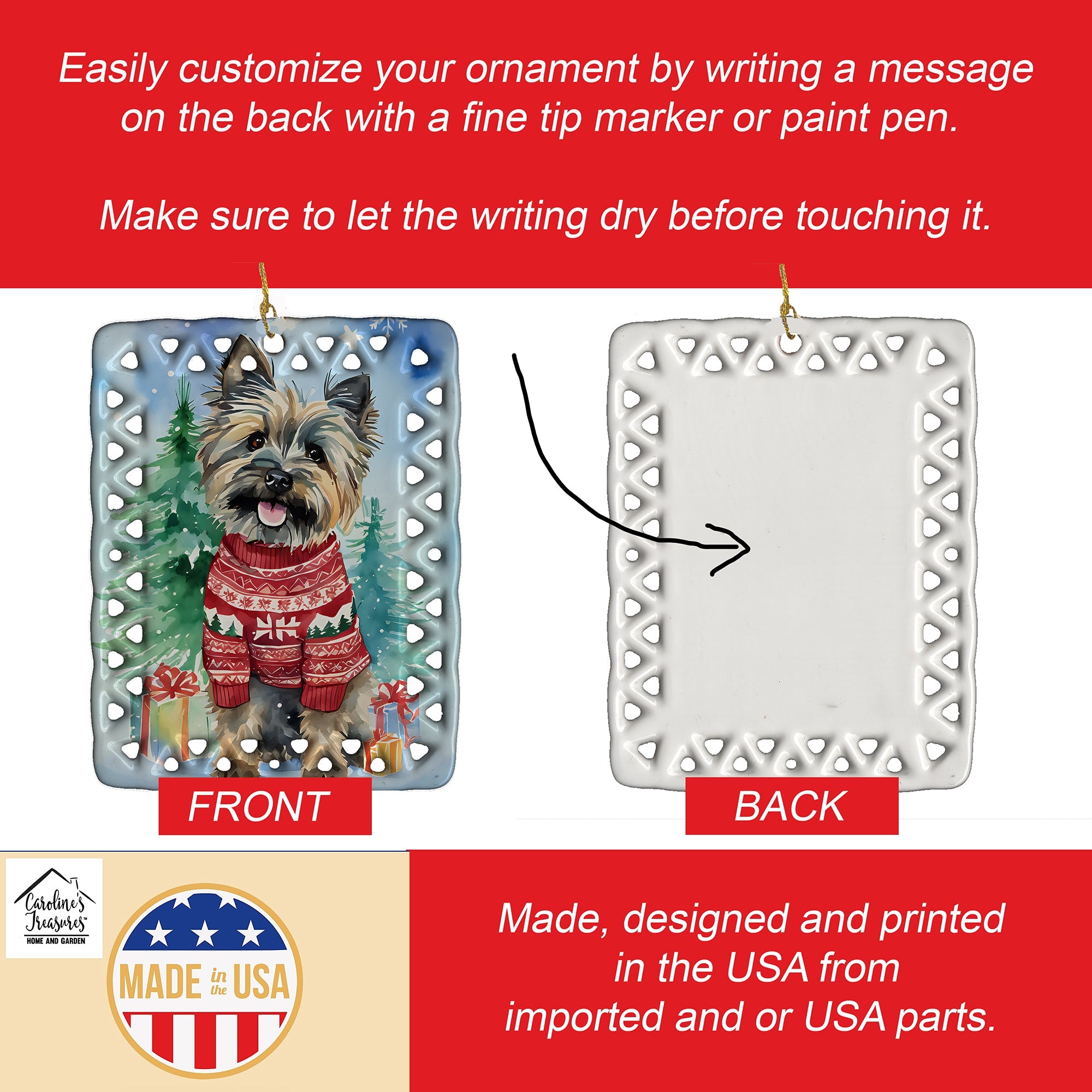 Cairn Terrier Christmas Porcelain Ornament Christmas Tree Hanging Decorations for Home Christmas Holiday, Rectangle, Gift, Multicolor