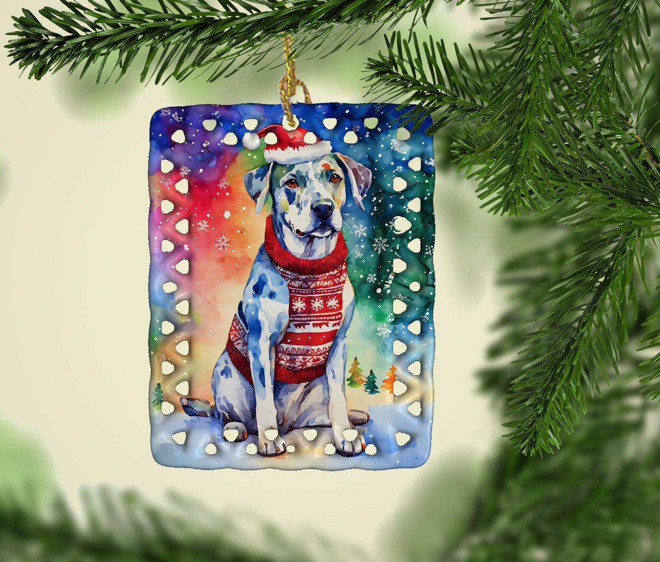 Catahoula Christmas Porcelain Ornament Christmas Tree Hanging Decorations for Home Christmas Holiday, Rectangle, Gift, Multicolor