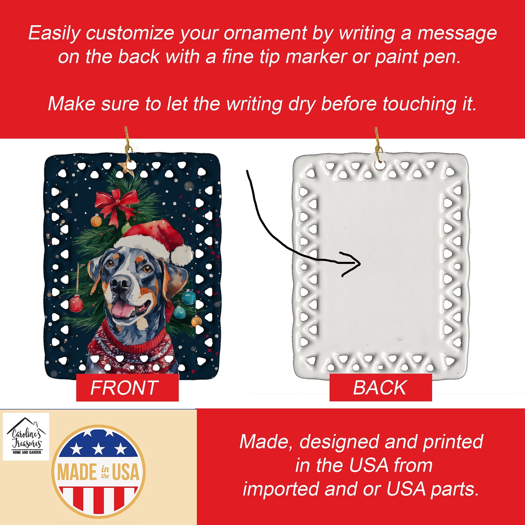 Catahoula Christmas Porcelain Ornament Christmas Tree Hanging Decorations for Home Christmas Holiday, Rectangle, Gift, Multicolor