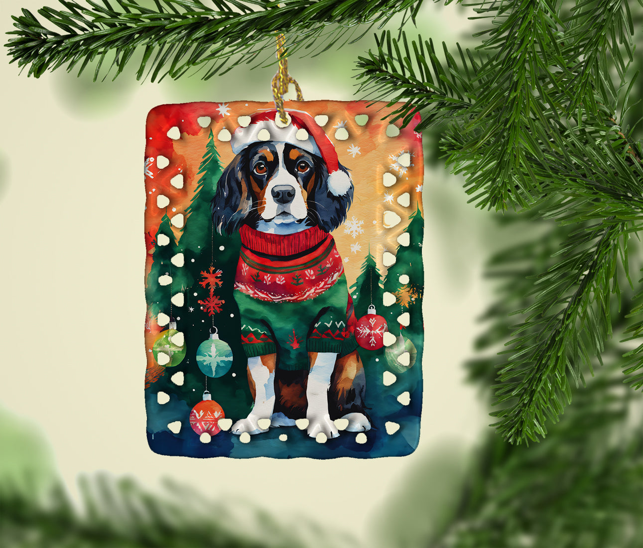 Cavalier Spaniel Christmas Porcelain Ornament Christmas Tree Hanging Decorations for Home Christmas Holiday, Rectangle, Gift, Multicolor