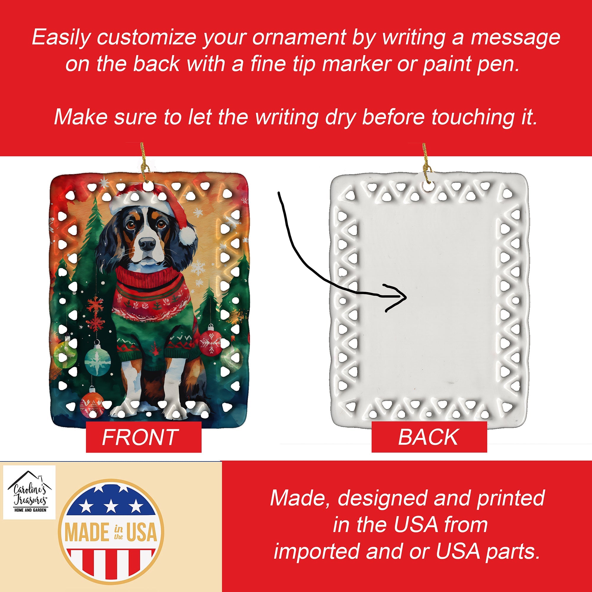 Cavalier Spaniel Christmas Porcelain Ornament Christmas Tree Hanging Decorations for Home Christmas Holiday, Rectangle, Gift, Multicolor