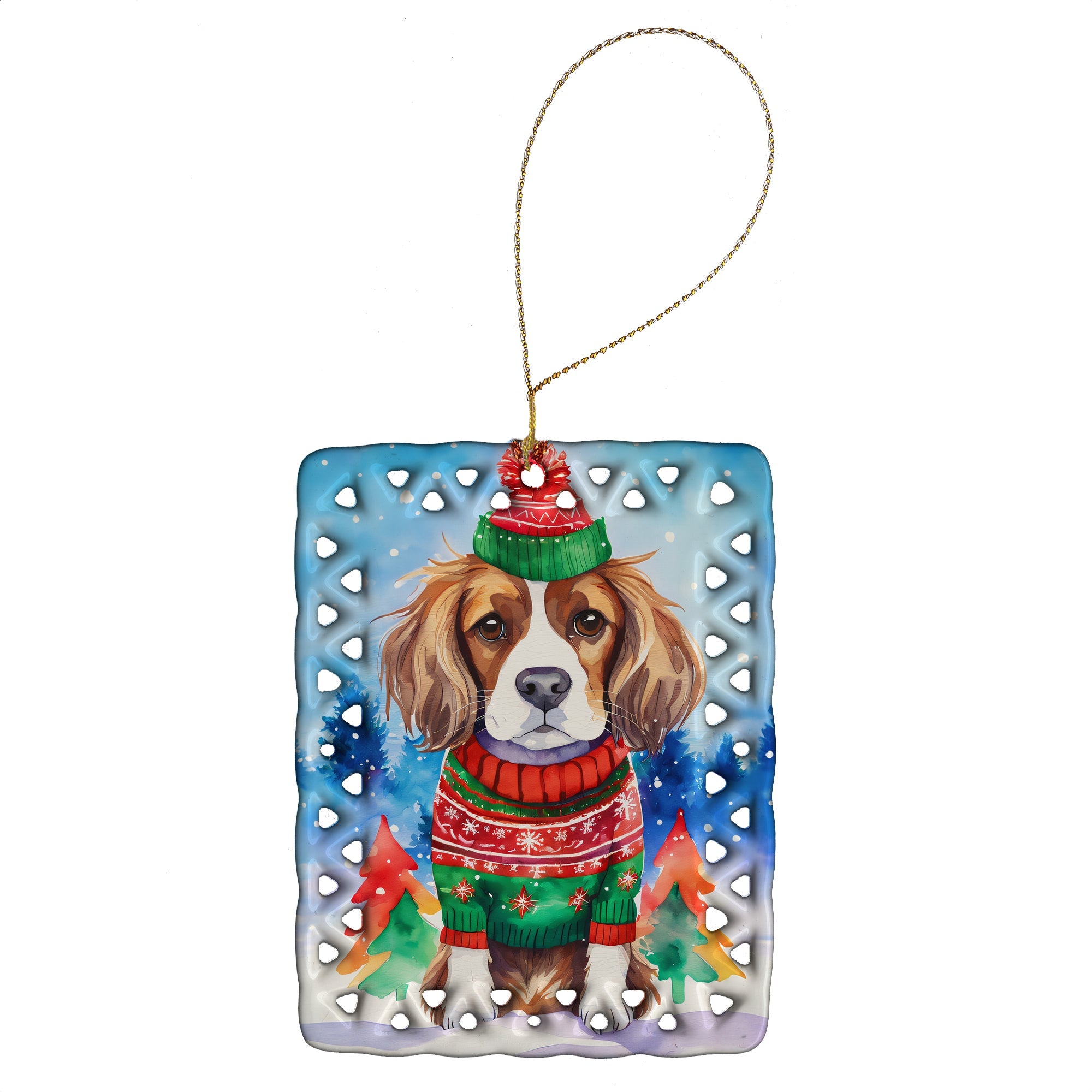 Cavalier Spaniel Christmas Porcelain Ornament Christmas Tree Hanging Decorations for Home Christmas Holiday, Rectangle, Gift, Multicolor