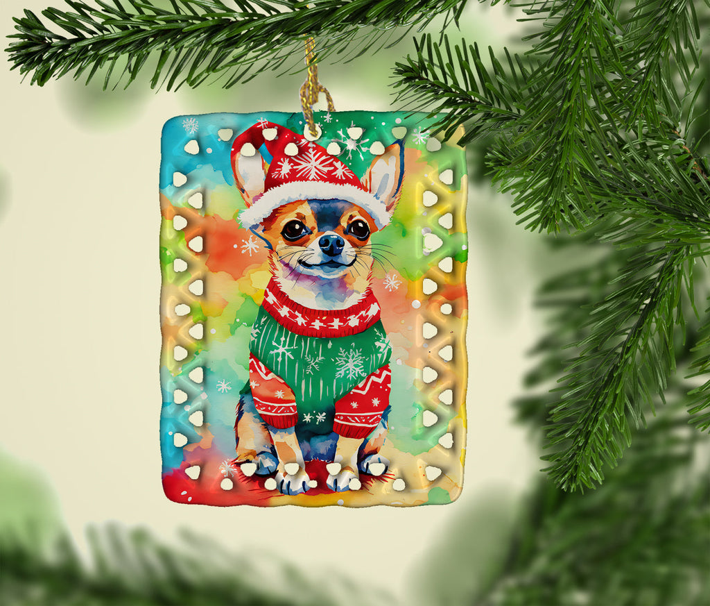 Chihuahua Christmas Porcelain Ornament Christmas Tree Hanging Decorations for Home Christmas Holiday, Rectangle, Gift, Multicolor