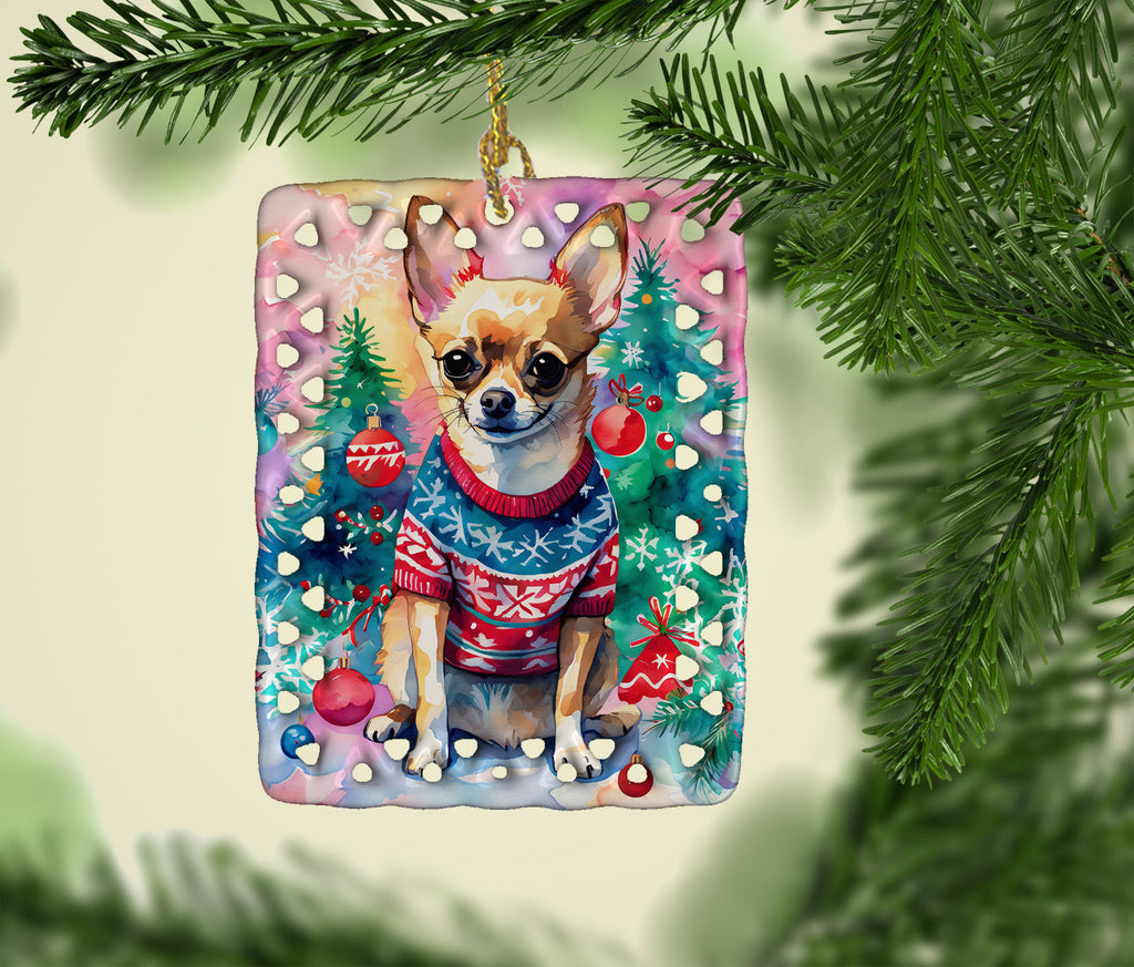 Chihuahua Christmas Porcelain Ornament Christmas Tree Hanging Decorations for Home Christmas Holiday, Rectangle, Gift, Multicolor