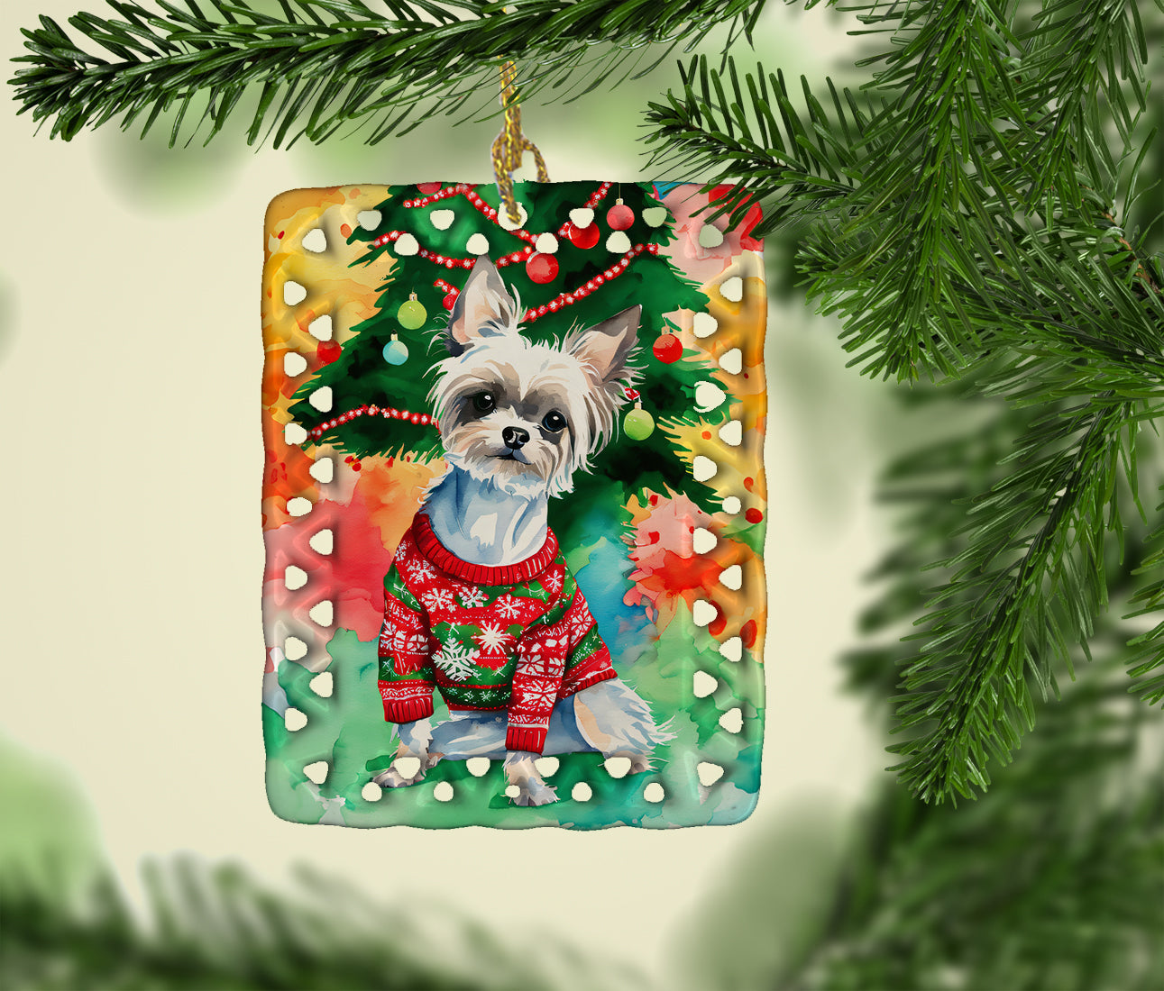 Chinese Crested Christmas Porcelain Ornament Christmas Tree Hanging Decorations for Home Christmas Holiday, Rectangle, Gift, Multicolor