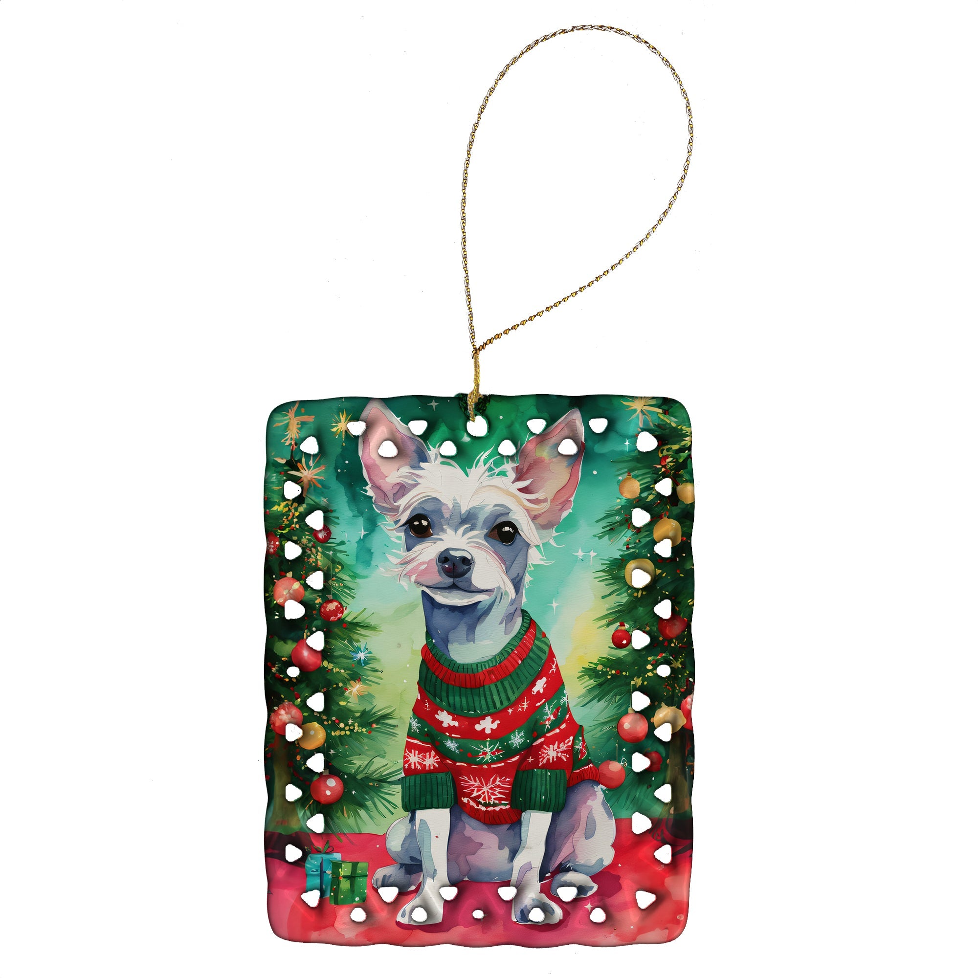 Chinese Crested Christmas Porcelain Ornament Christmas Tree Hanging Decorations for Home Christmas Holiday, Rectangle, Gift, Multicolor
