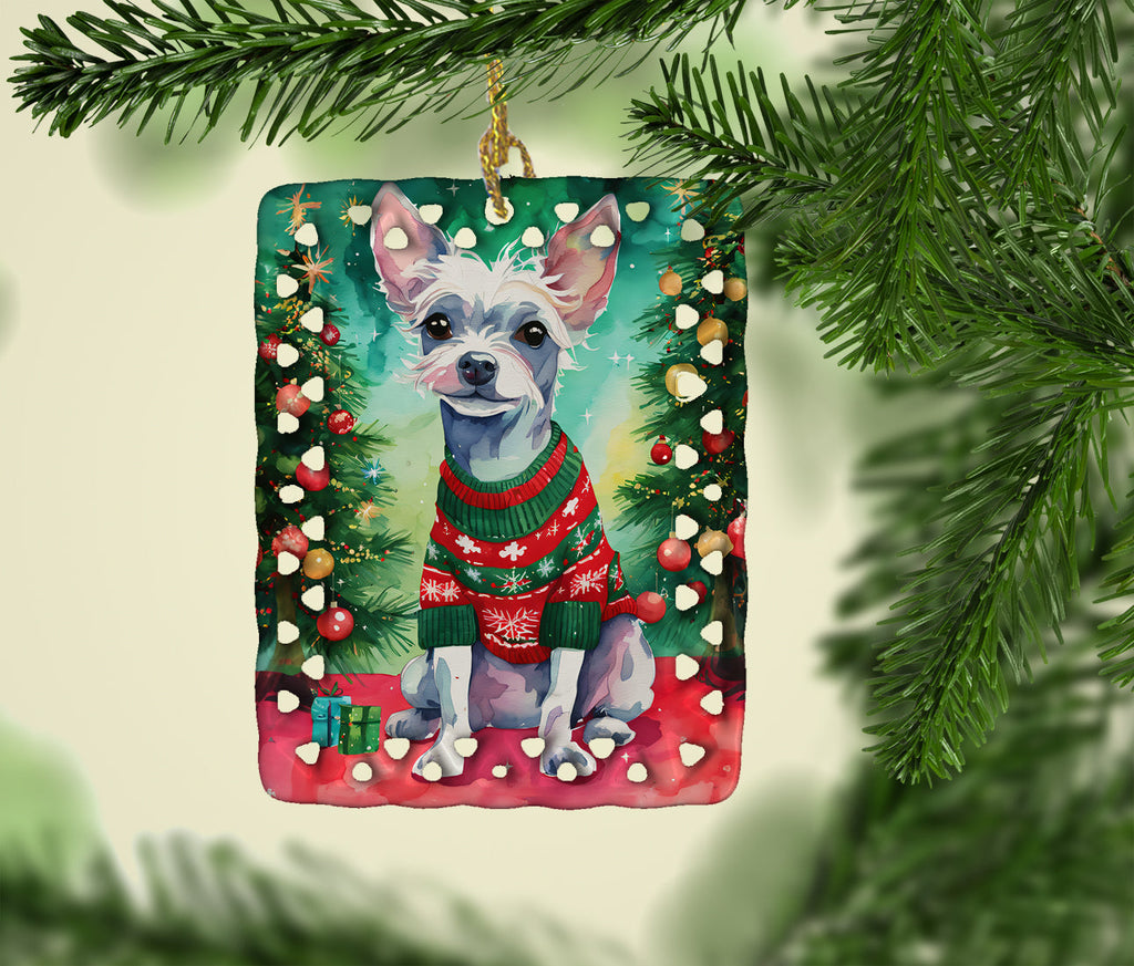 Chinese Crested Christmas Porcelain Ornament Christmas Tree Hanging Decorations for Home Christmas Holiday, Rectangle, Gift, Multicolor