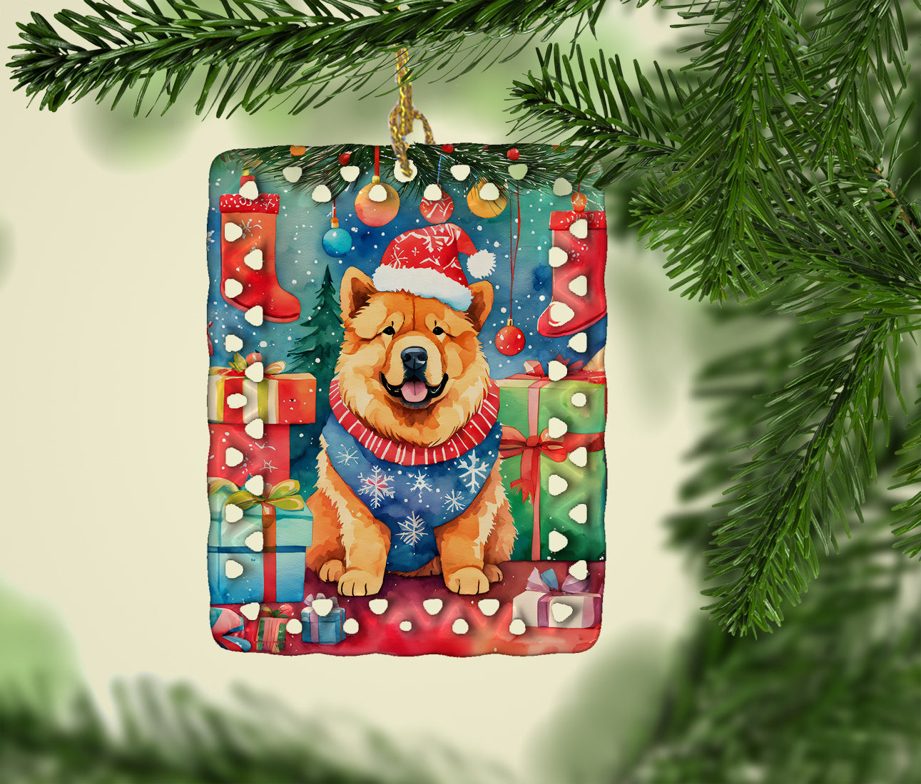 Chow Chow Christmas Porcelain Ornament Christmas Tree Hanging Decorations for Home Christmas Holiday, Rectangle, Gift, Multicolor