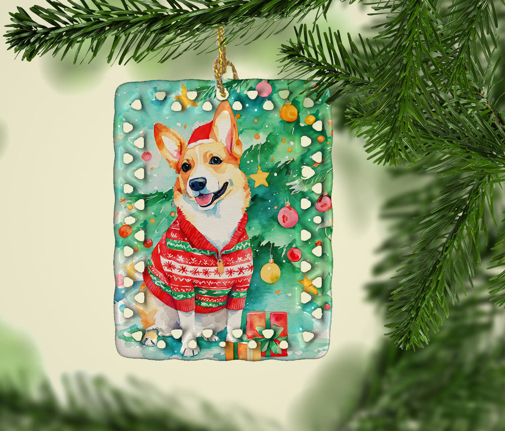 Corgi Christmas Porcelain Ornament Christmas Tree Hanging Decorations for Home Christmas Holiday, Rectangle, Gift, Multicolor