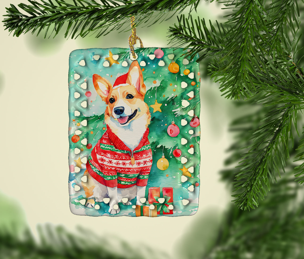 Corgi Christmas Porcelain Ornament Christmas Tree Hanging Decorations for Home Christmas Holiday, Rectangle, Gift, Multicolor