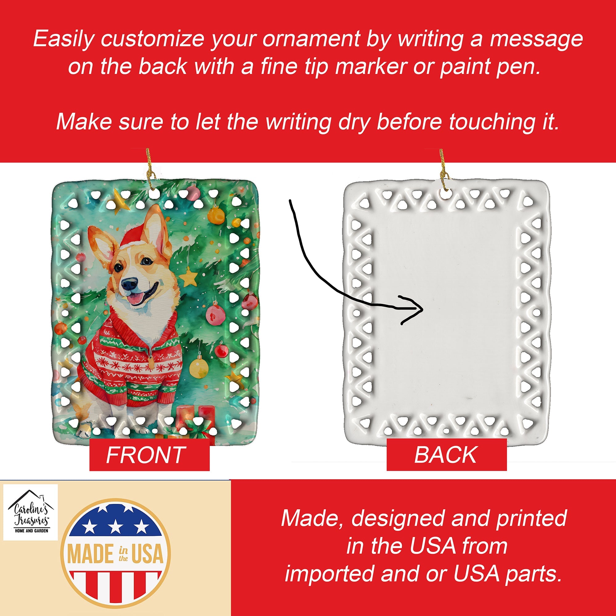 Corgi Christmas Porcelain Ornament Christmas Tree Hanging Decorations for Home Christmas Holiday, Rectangle, Gift, Multicolor