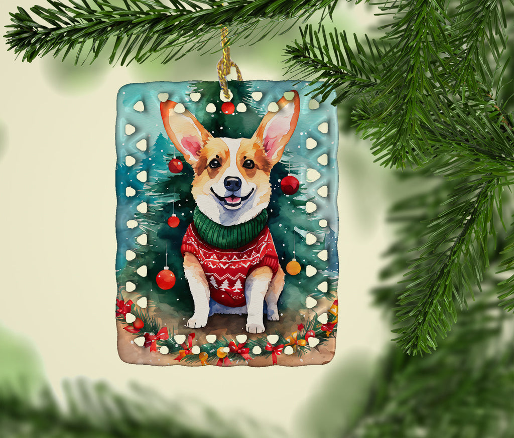 Corgi Christmas Porcelain Ornament Christmas Tree Hanging Decorations for Home Christmas Holiday, Rectangle, Gift, Multicolor
