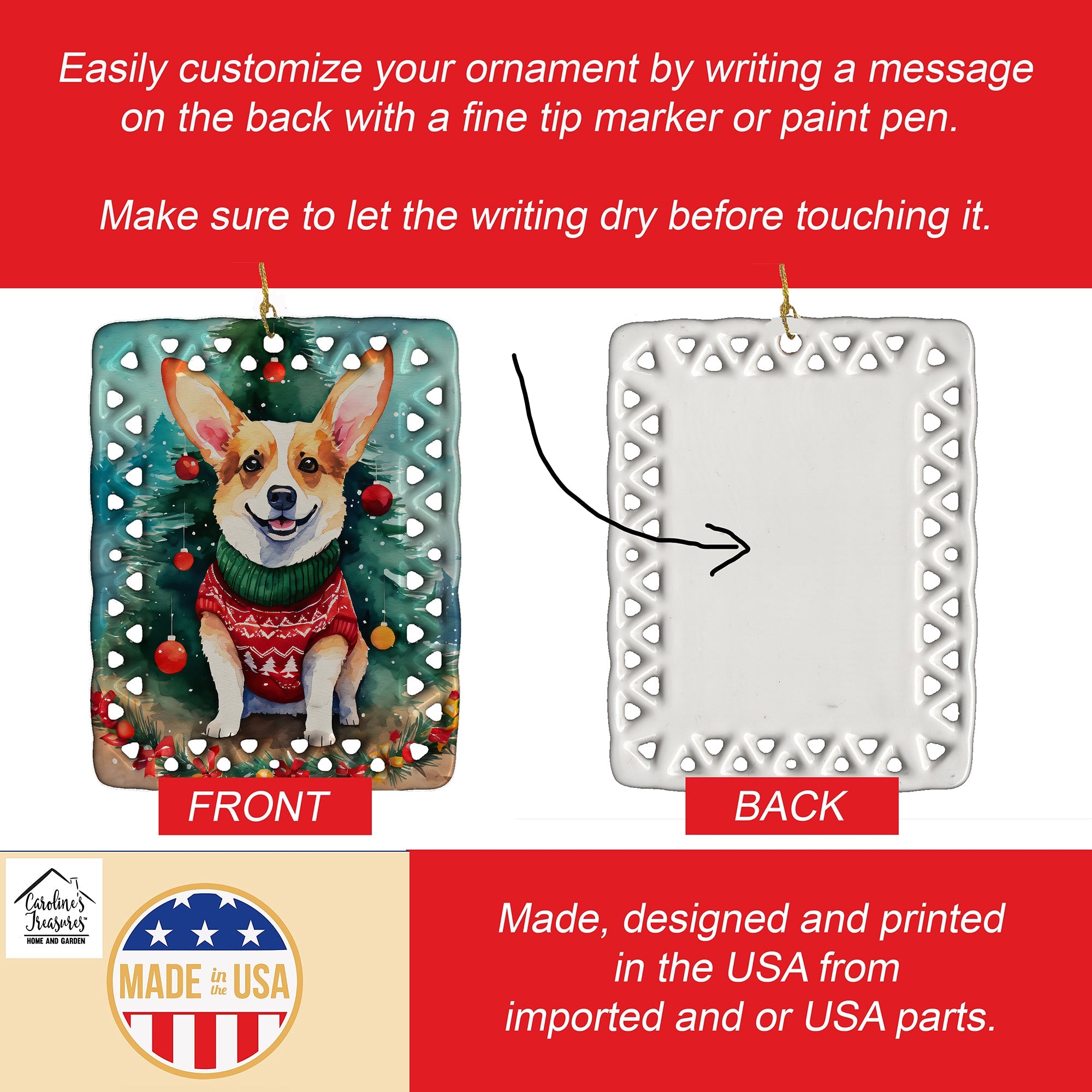 Corgi Christmas Porcelain Ornament Christmas Tree Hanging Decorations for Home Christmas Holiday, Rectangle, Gift, Multicolor