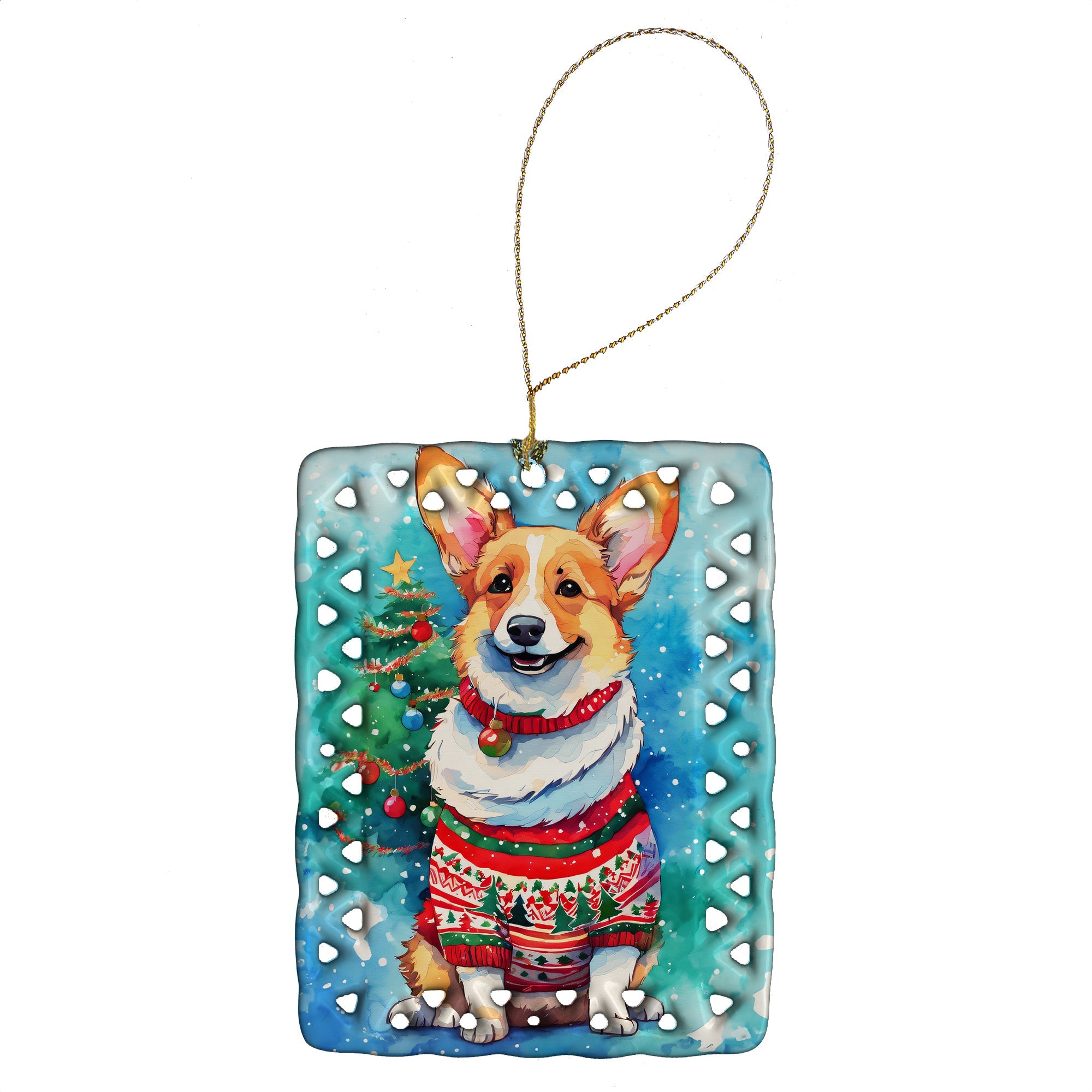 Corgi Christmas Porcelain Ornament Christmas Tree Hanging Decorations for Home Christmas Holiday, Rectangle, Gift, Multicolor