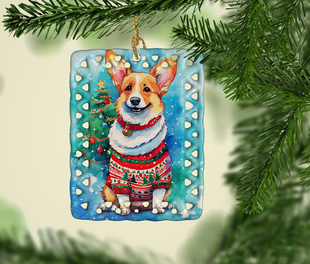 Corgi Christmas Porcelain Ornament Christmas Tree Hanging Decorations for Home Christmas Holiday, Rectangle, Gift, Multicolor