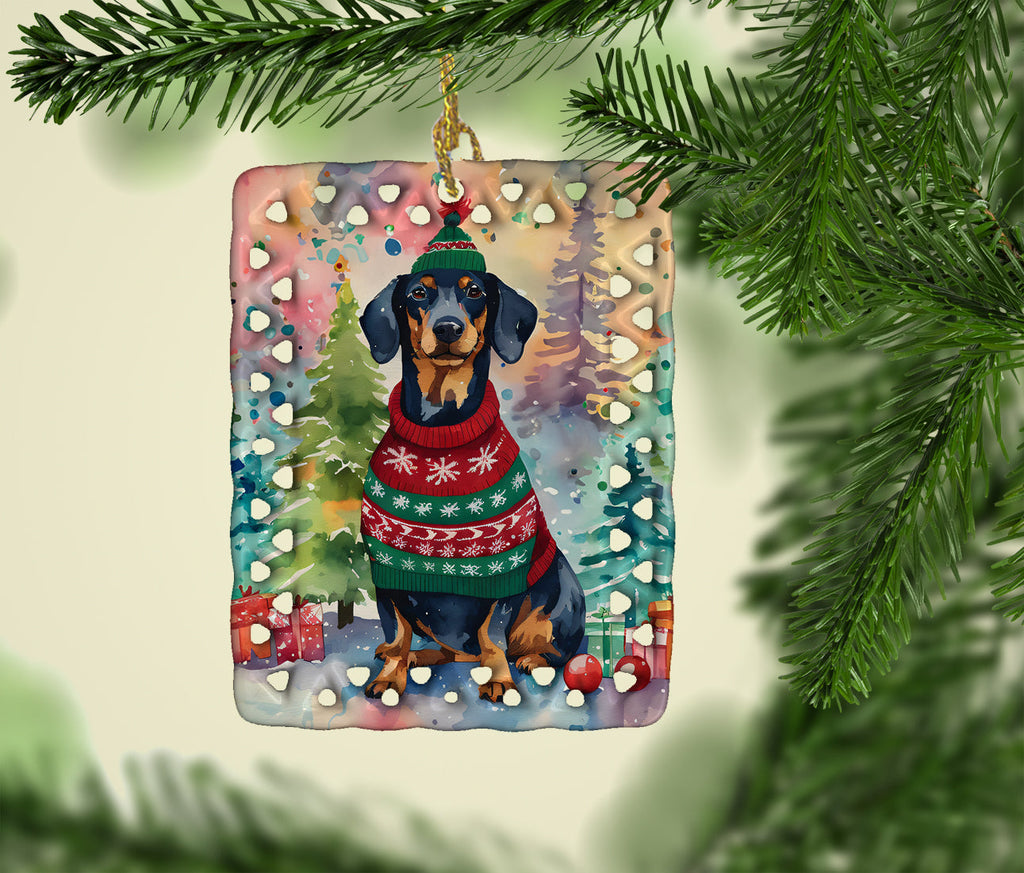Dachshund Christmas Porcelain Ornament Christmas Tree Hanging Decorations for Home Christmas Holiday, Rectangle, Gift, Multicolor