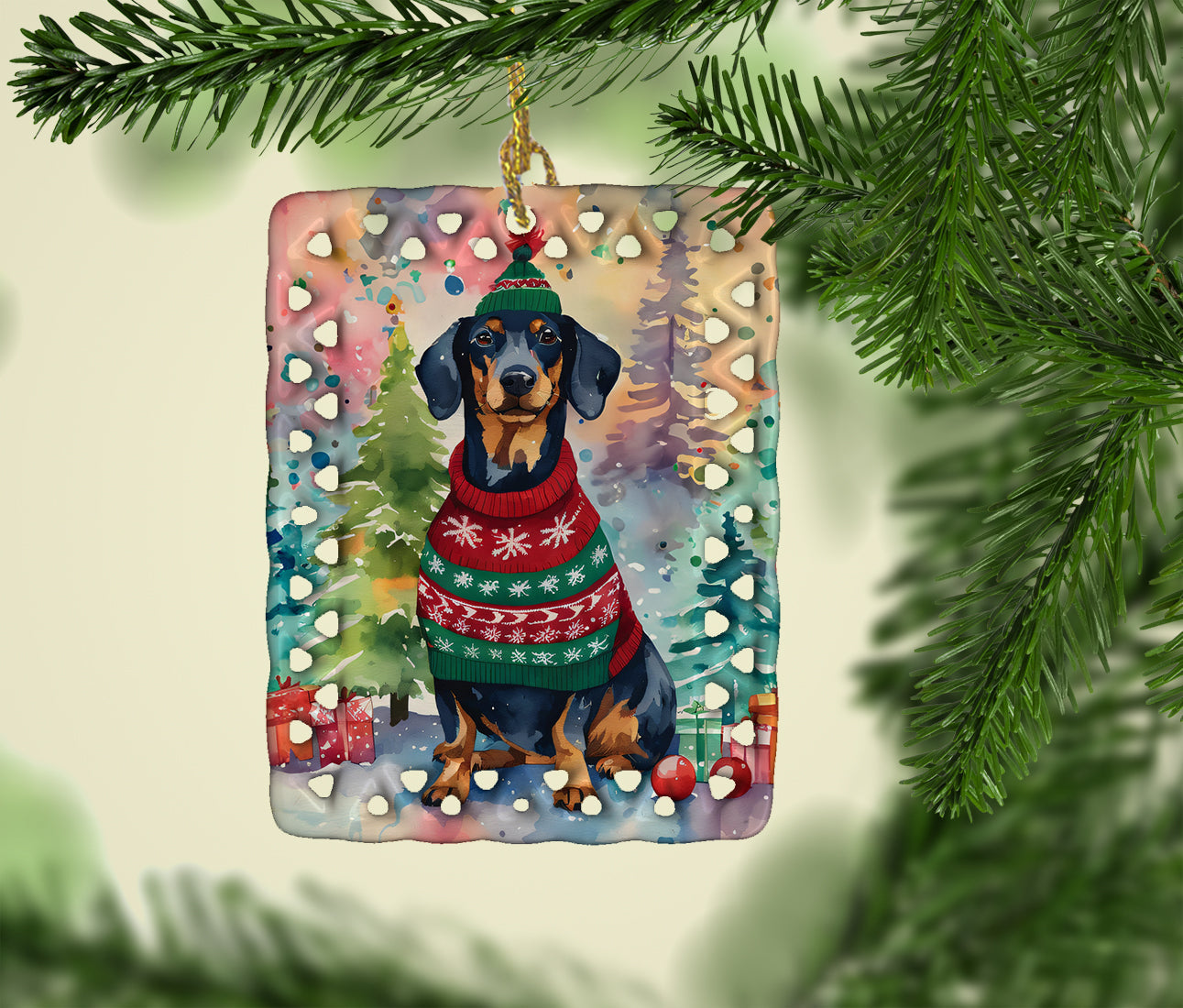 Dachshund Christmas Porcelain Ornament Christmas Tree Hanging Decorations for Home Christmas Holiday, Rectangle, Gift, Multicolor