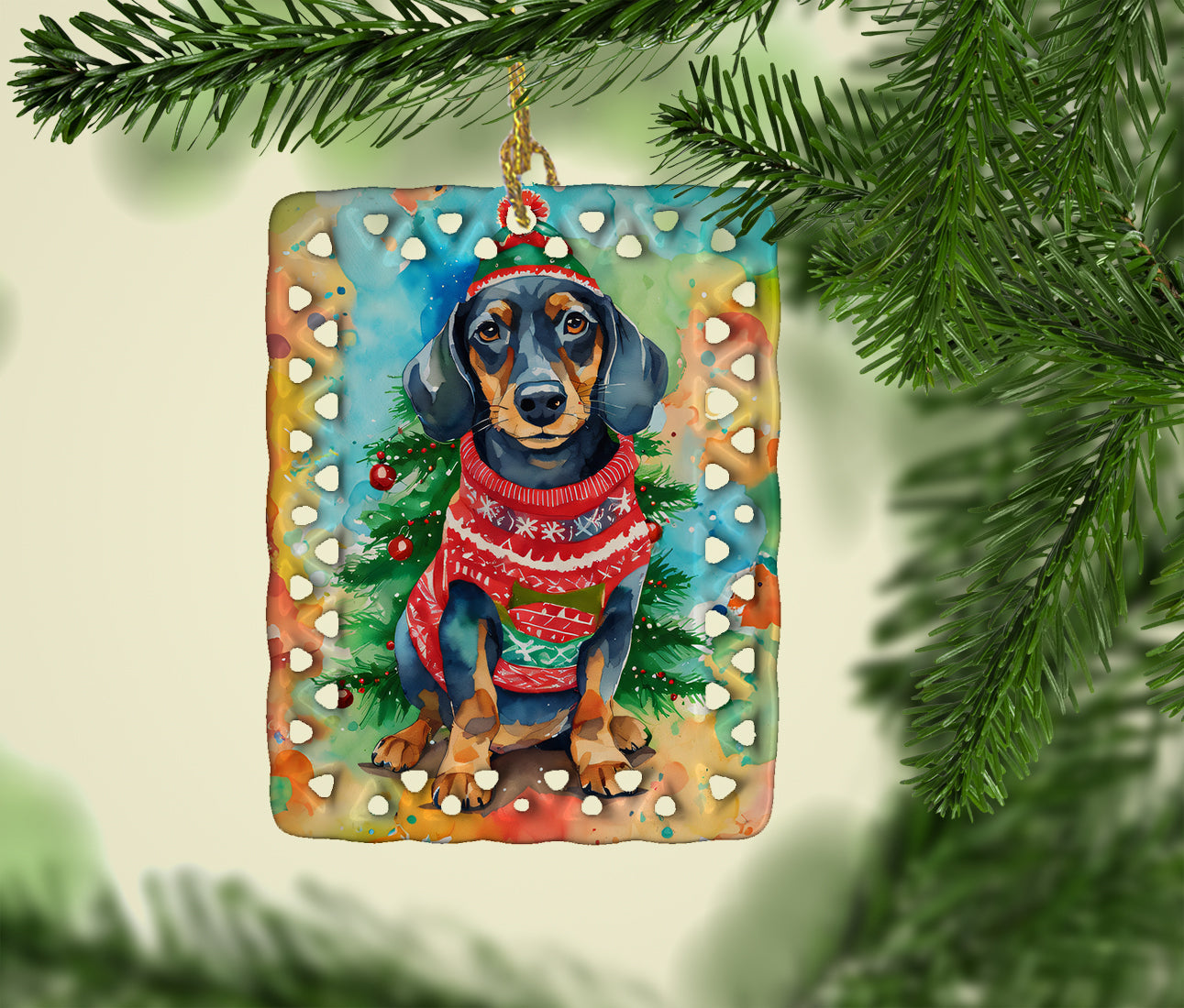 Dachshund Christmas Porcelain Ornament Christmas Tree Hanging Decorations for Home Christmas Holiday, Rectangle, Gift, Multicolor