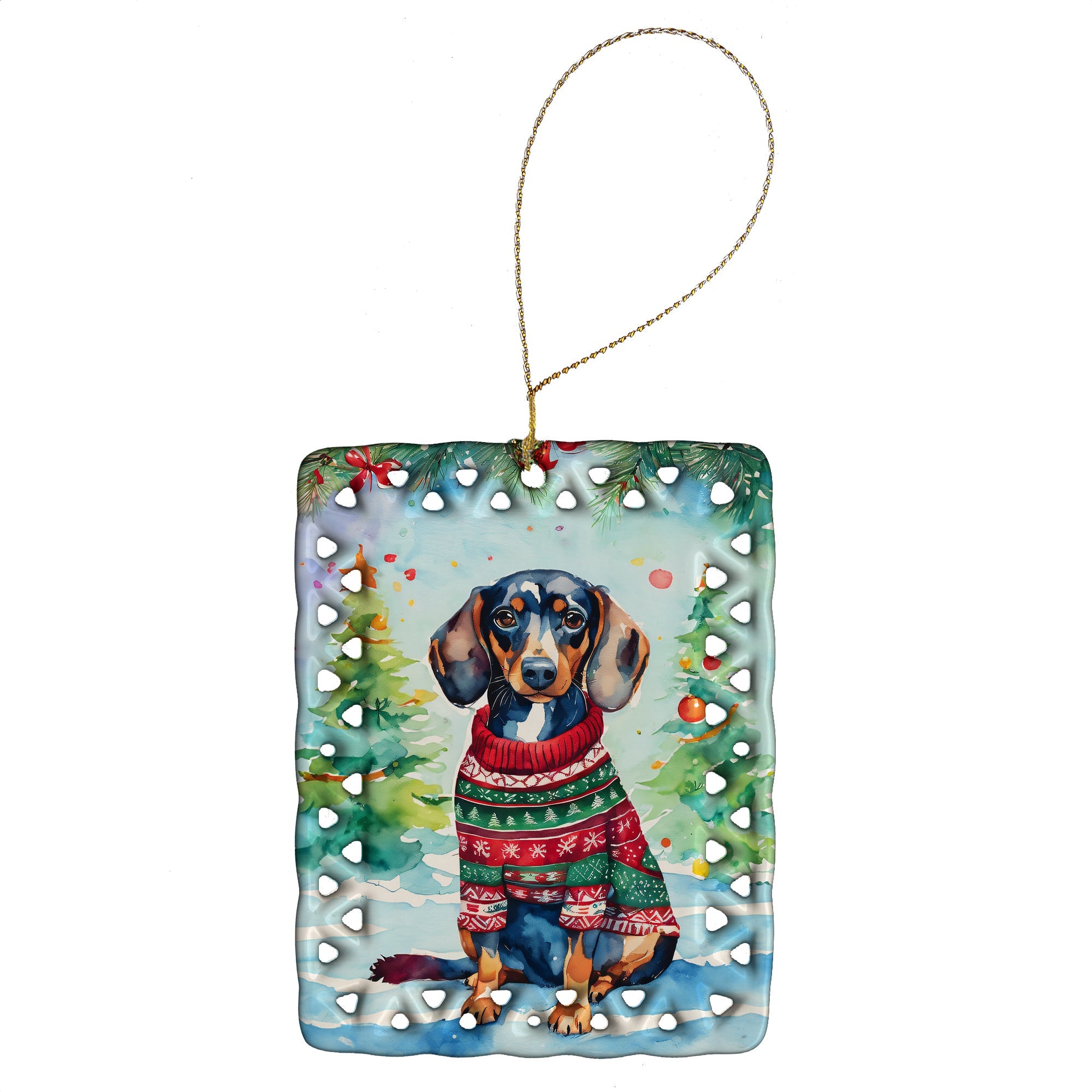 Dachshund Christmas Porcelain Ornament Christmas Tree Hanging Decorations for Home Christmas Holiday, Rectangle, Gift, Multicolor