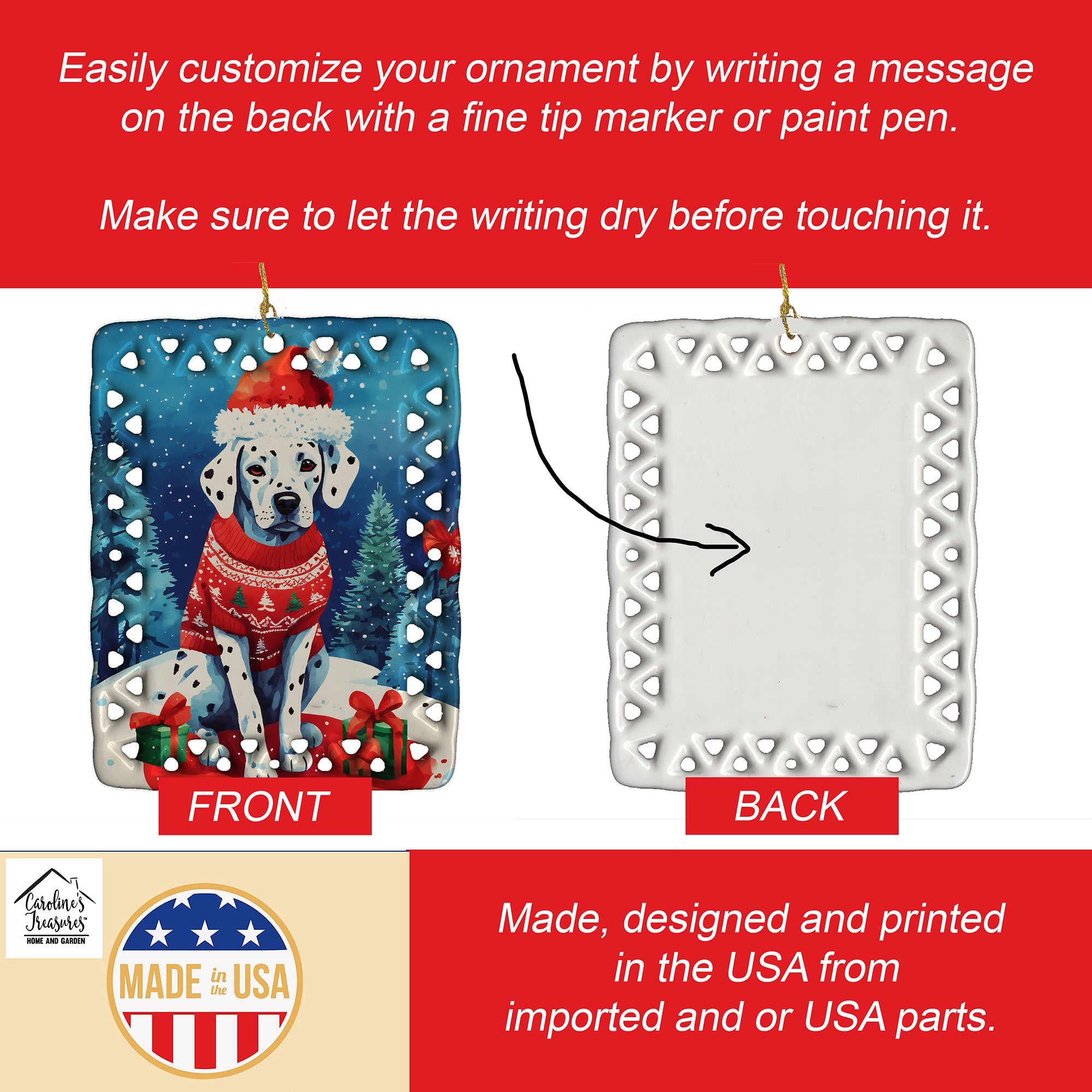 Dalmatian Christmas Porcelain Ornament Christmas Tree Hanging Decorations for Home Christmas Holiday, Rectangle, Gift, Multicolor