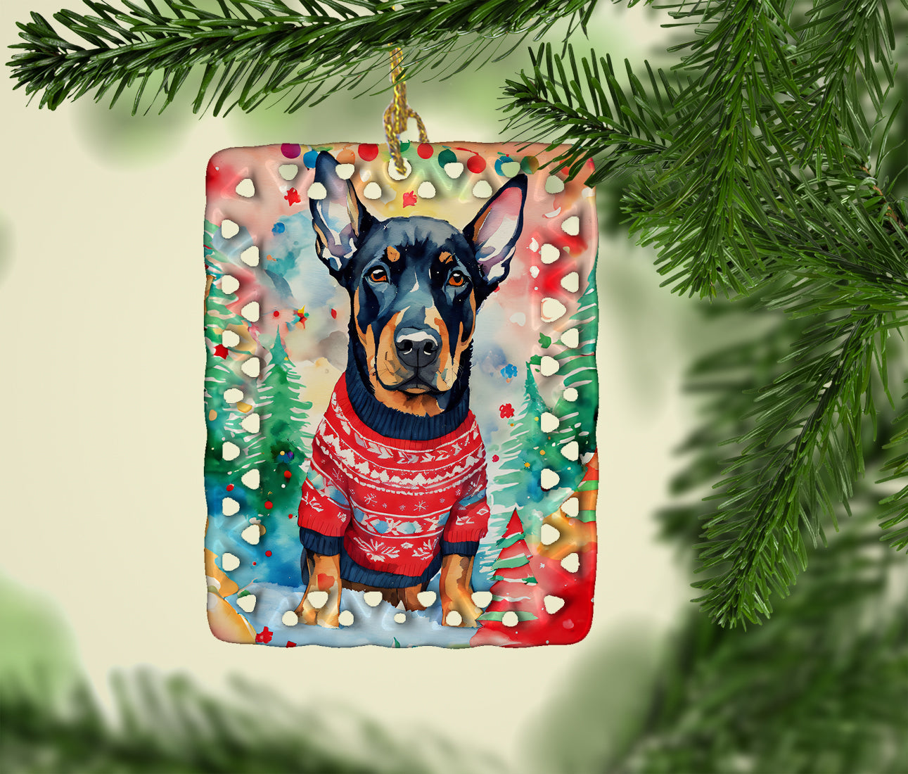 Doberman Pinscher Christmas Porcelain Ornament Christmas Tree Hanging Decorations for Home Christmas Holiday, Rectangle, Gift, Multicolor