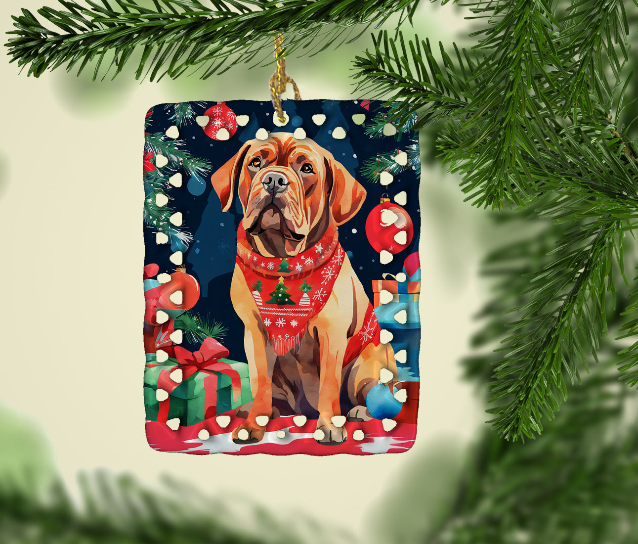 Dogue de Bordeaux Christmas Porcelain Ornament Christmas Tree Hanging Decorations for Home Christmas Holiday, Rectangle, Gift, Multicolor