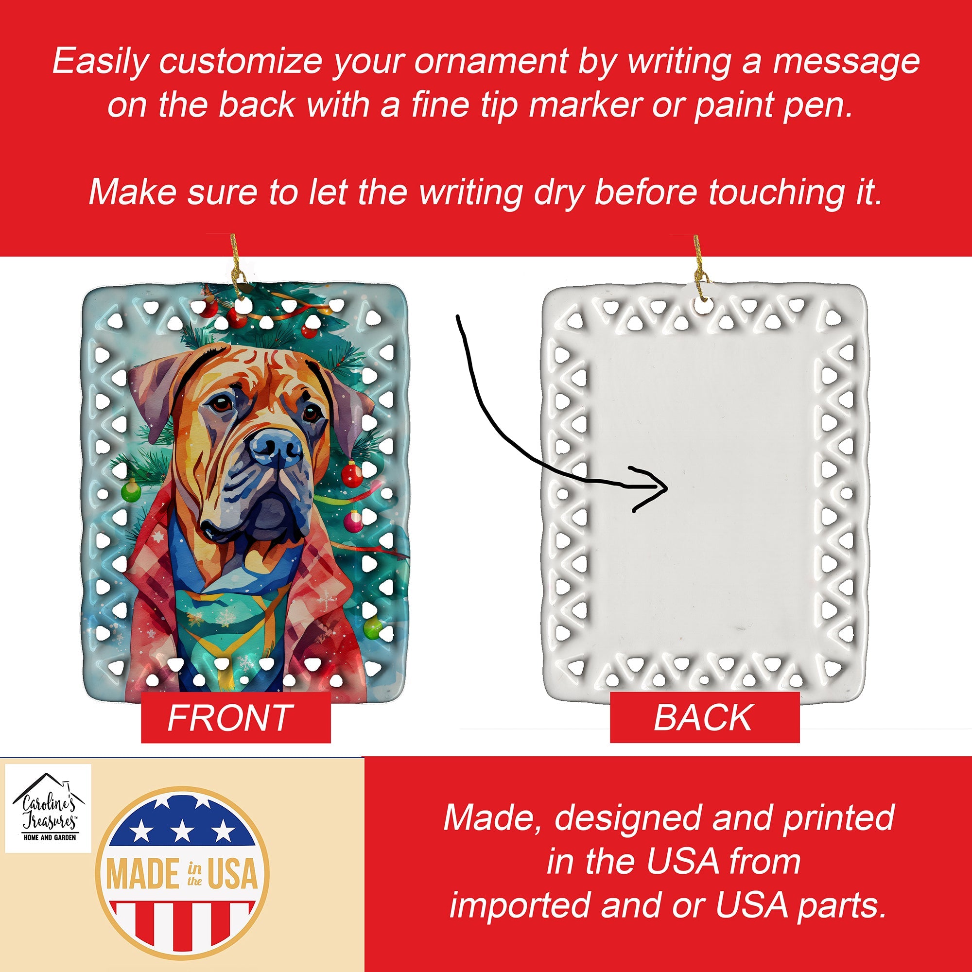 Dogue de Bordeaux Christmas Porcelain Ornament Christmas Tree Hanging Decorations for Home Christmas Holiday, Rectangle, Gift, Multicolor